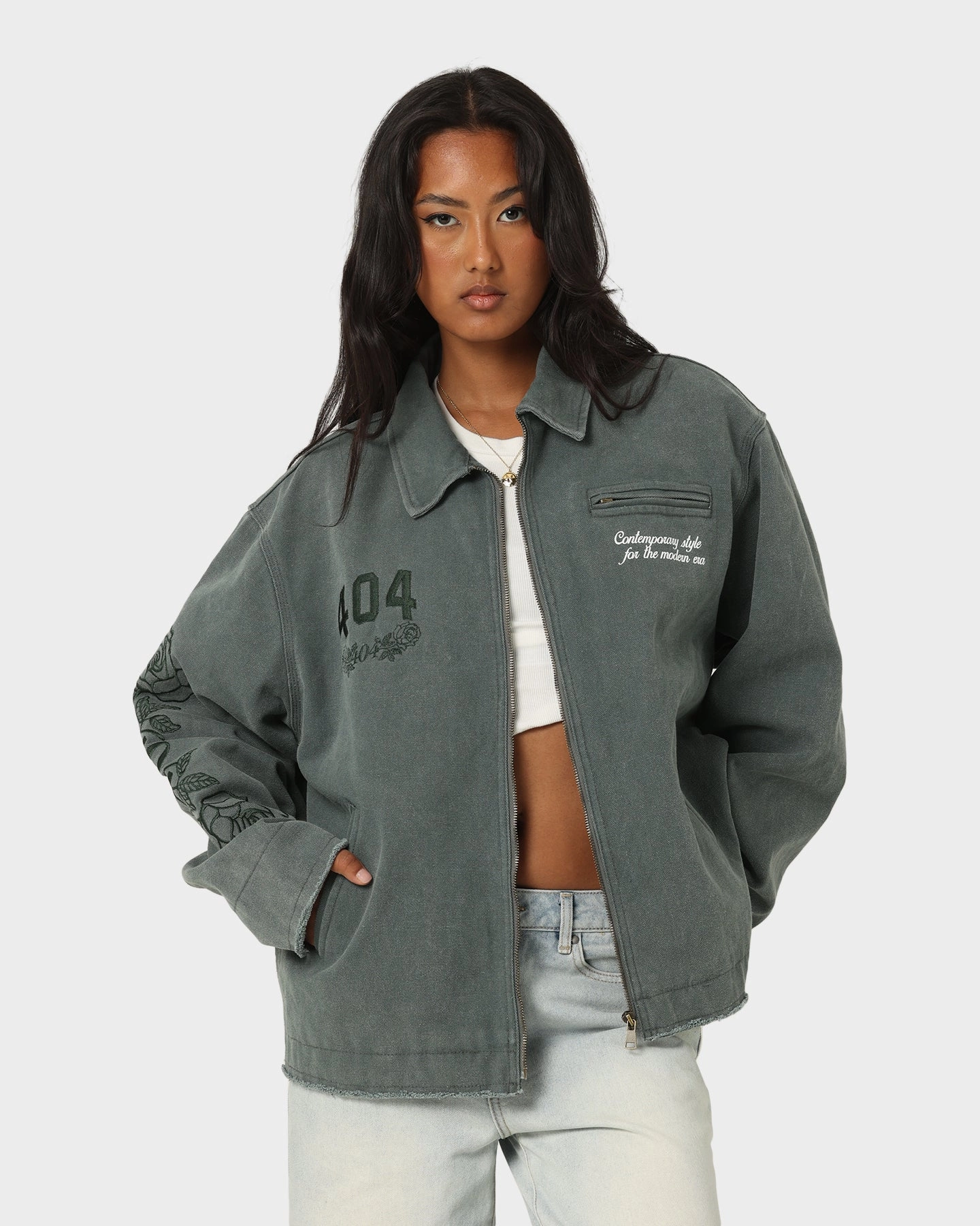 404 Florence Work Jacket Green Hidden Zipper Closure Hint