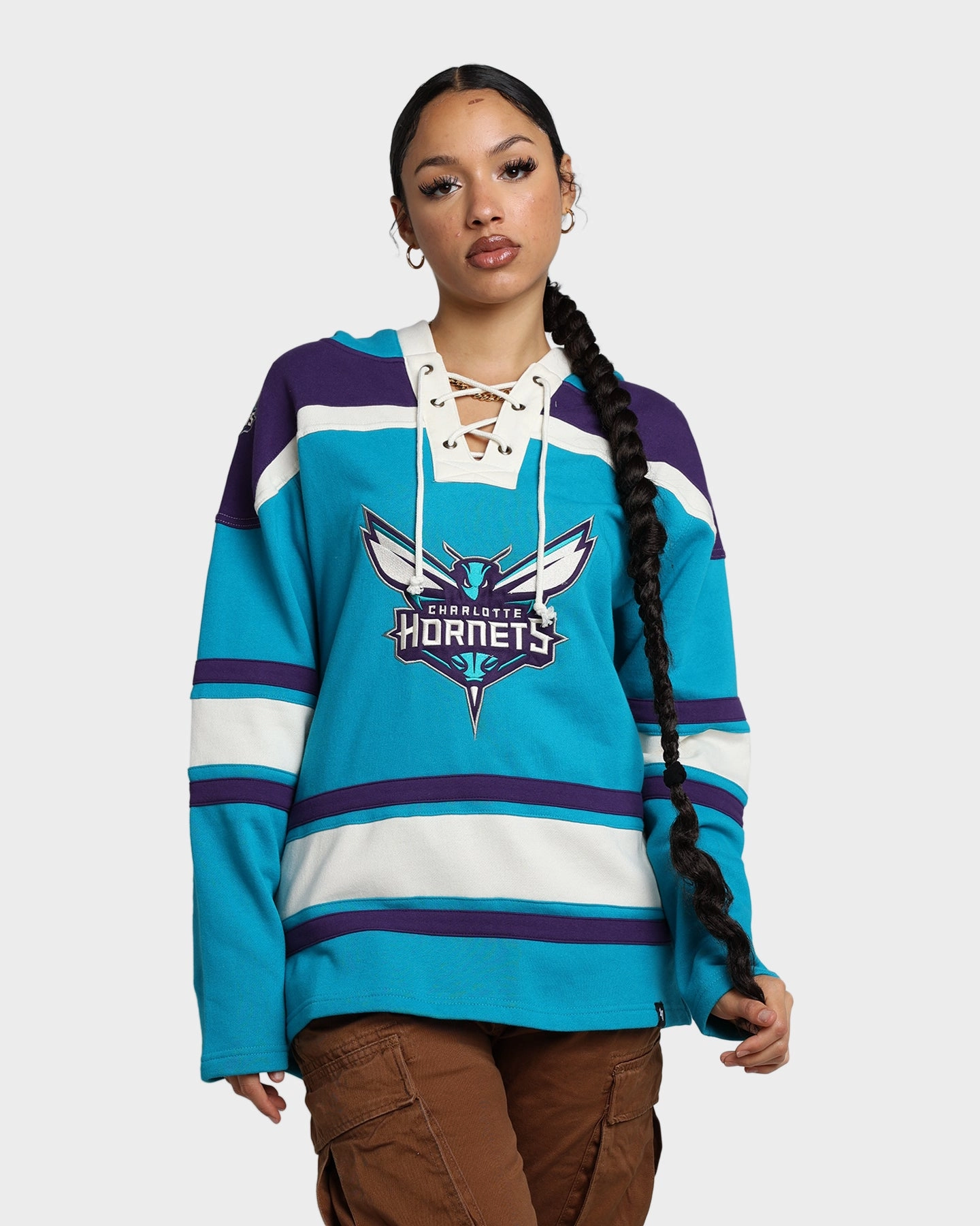 47 Brand Charlotte Hornets Superior Lacer Hoodie Neptune Compression Strap Adjustment Inventory