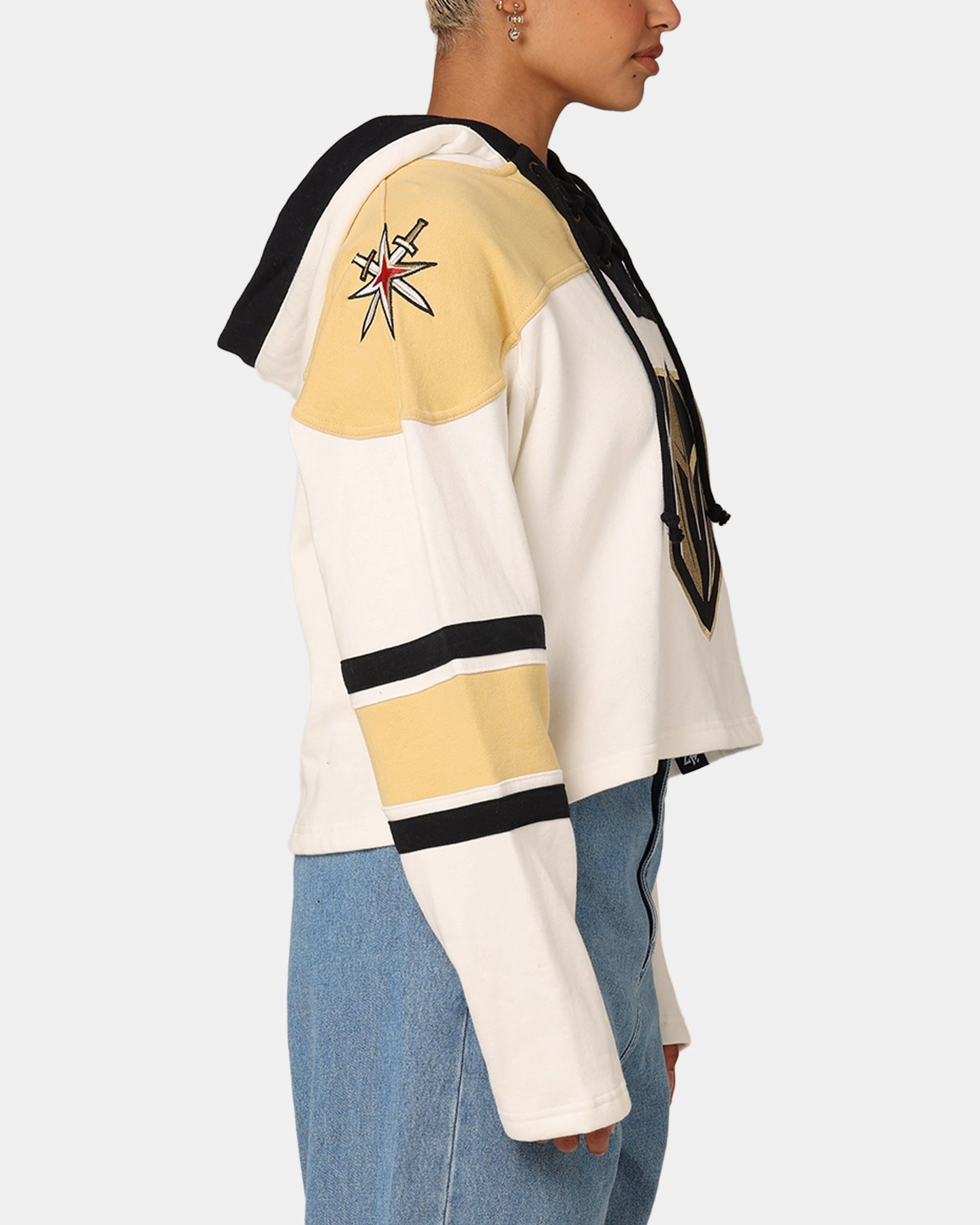 47 Brand Women's Vegas Golden Knights Cropped Lacer Hoodie White Wash Low Maintenance Street Cool