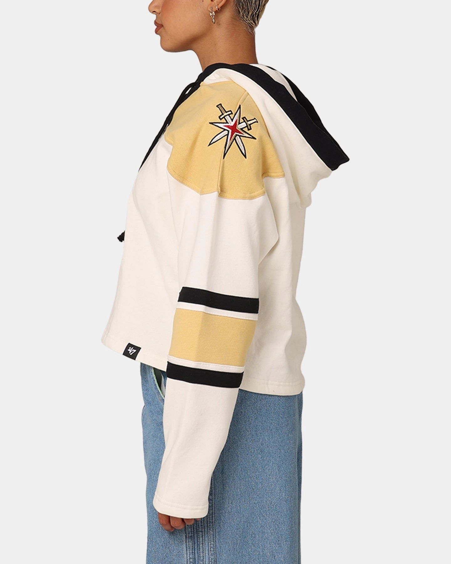 47 Brand Women's Vegas Golden Knights Cropped Lacer Hoodie White Wash Consent Fashionable Style