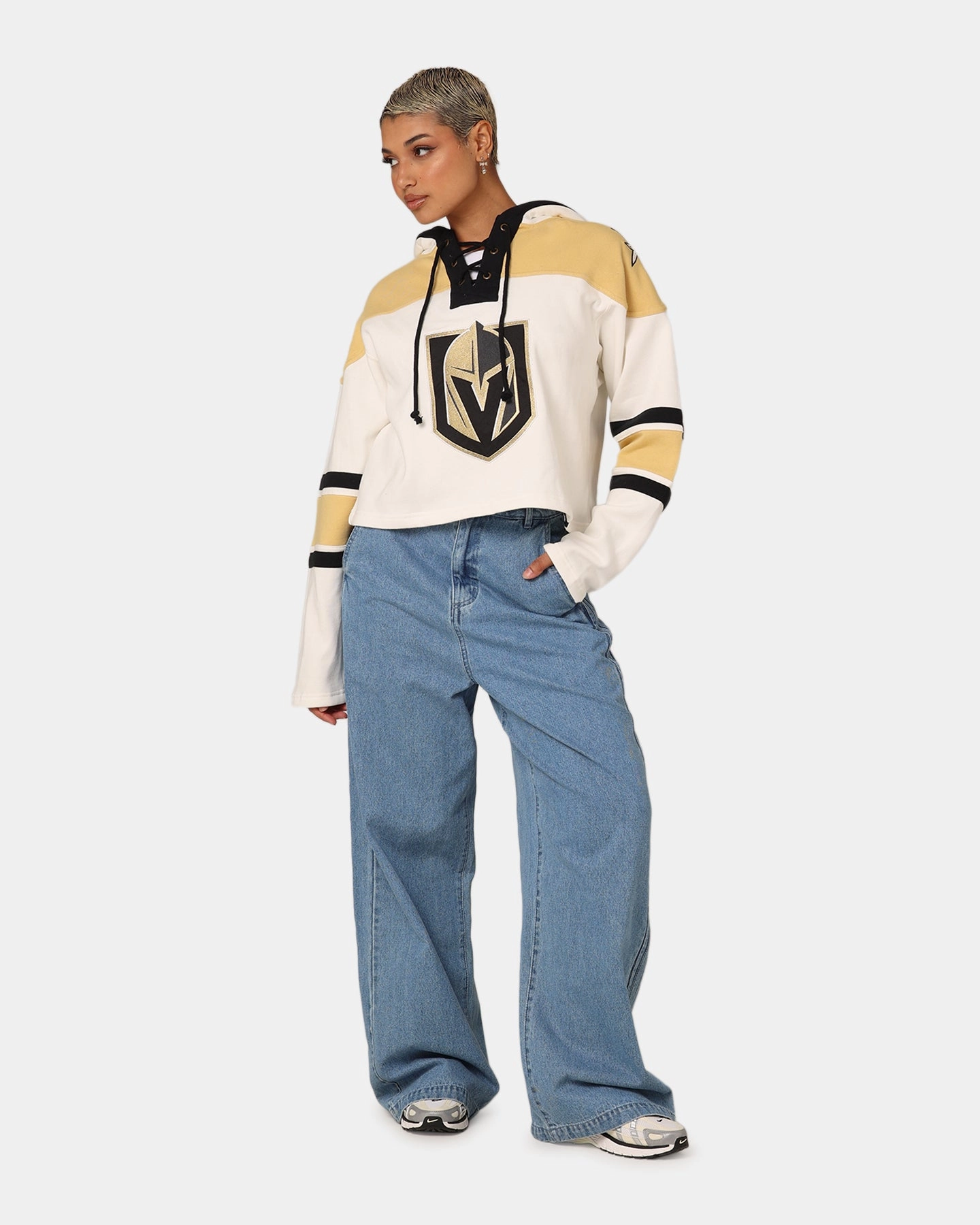 Flexible Cuff Fashionable Style 47 Brand Women's Vegas Golden Knights Cropped Lacer Hoodie White Wash