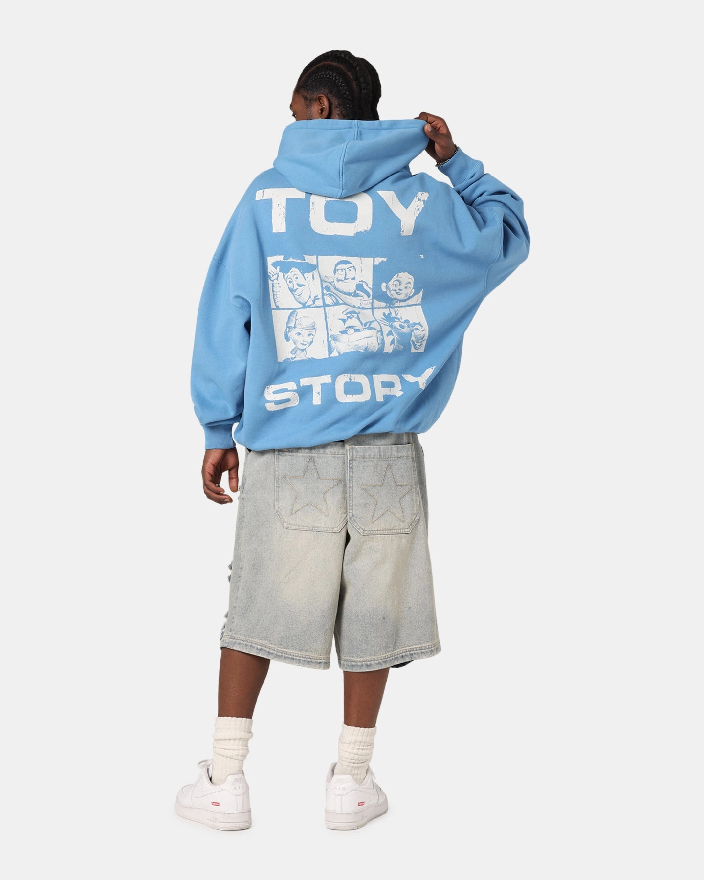 73 Studio Disney Pixar Toy Story Coming Soon Premium Hoodie Washed Blue Black Flexible Shoulder Panels
