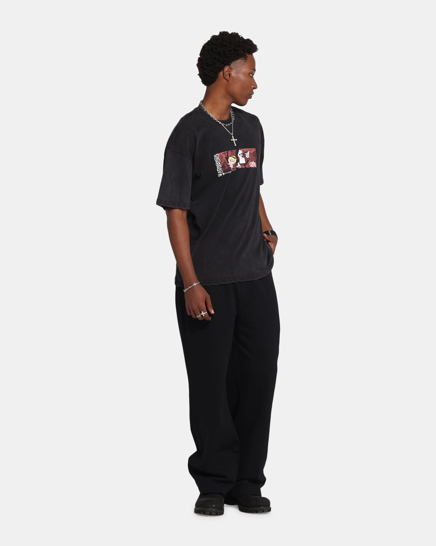 73 Studio X Cartoon Network Bill & Mandy Box Logo Vintage T-Shirt Black Acidwash Chic and Cozy Breezy Comfort