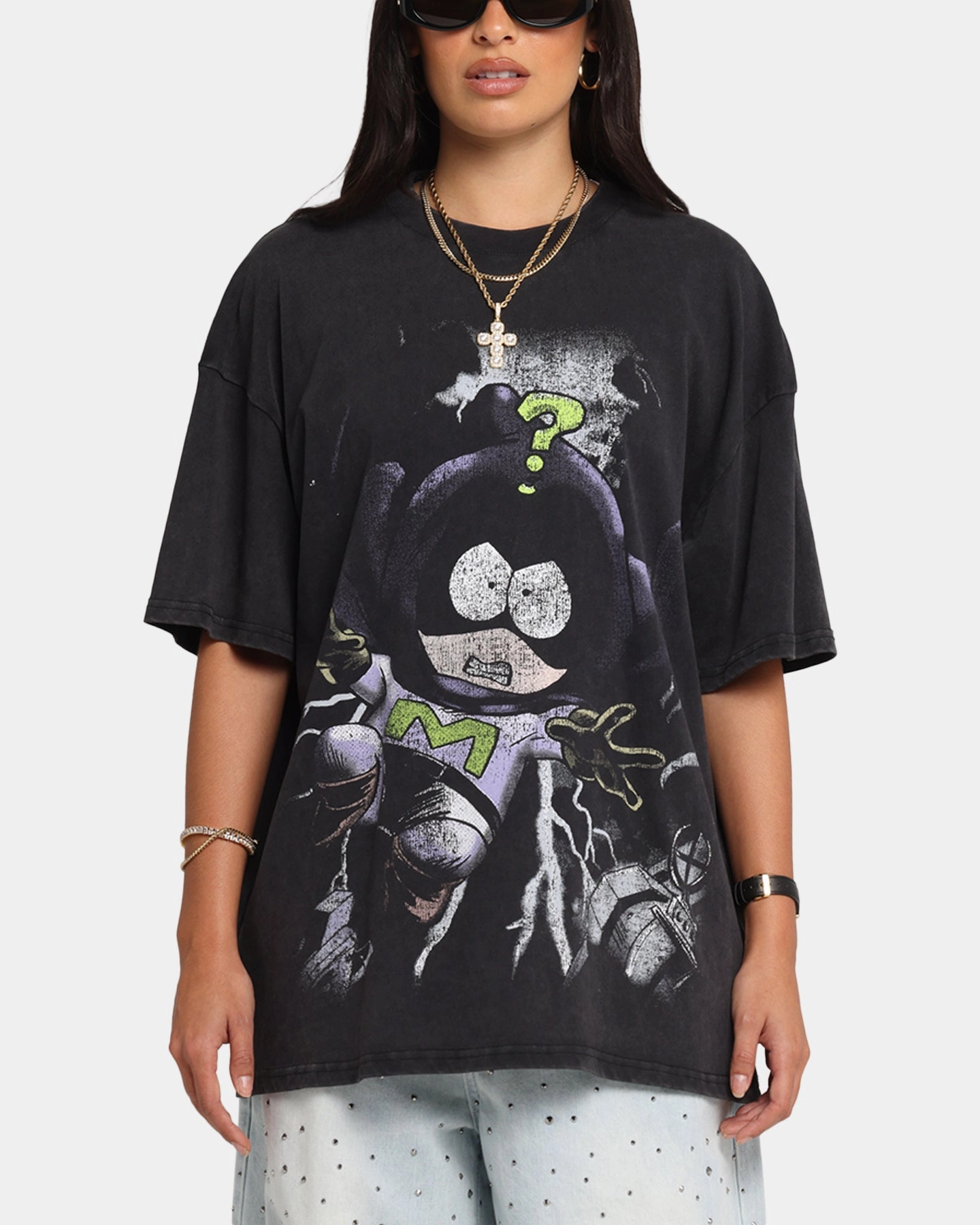 OekoTexCertified Sporty Layer 73 Studio X South Park Mysterion Vintage T-Shirt Black Acidwash