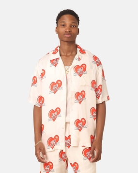 99 Cabana Roaming Hearts Short Sleeve Button Up Shirt Off White/Red quick dry Trendy Pattern