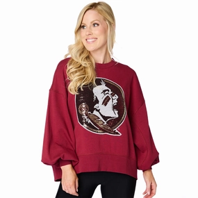 Stewart Simmons Women's Sequins Seminole Logo Design Relaxed Oversized Fleece Crew - Garnet Performance Improvement