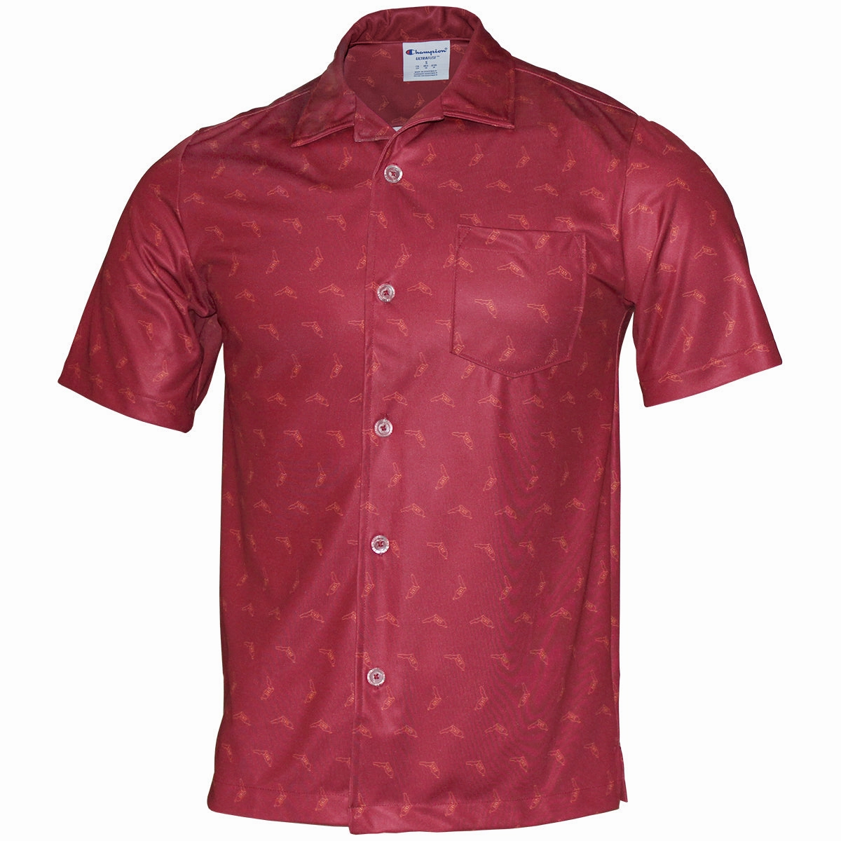 Champion Men's Vault State of Florida Sublimated Design Short Sleeve Woven Button Up - Garnet Smooth Texture All-day Comfort