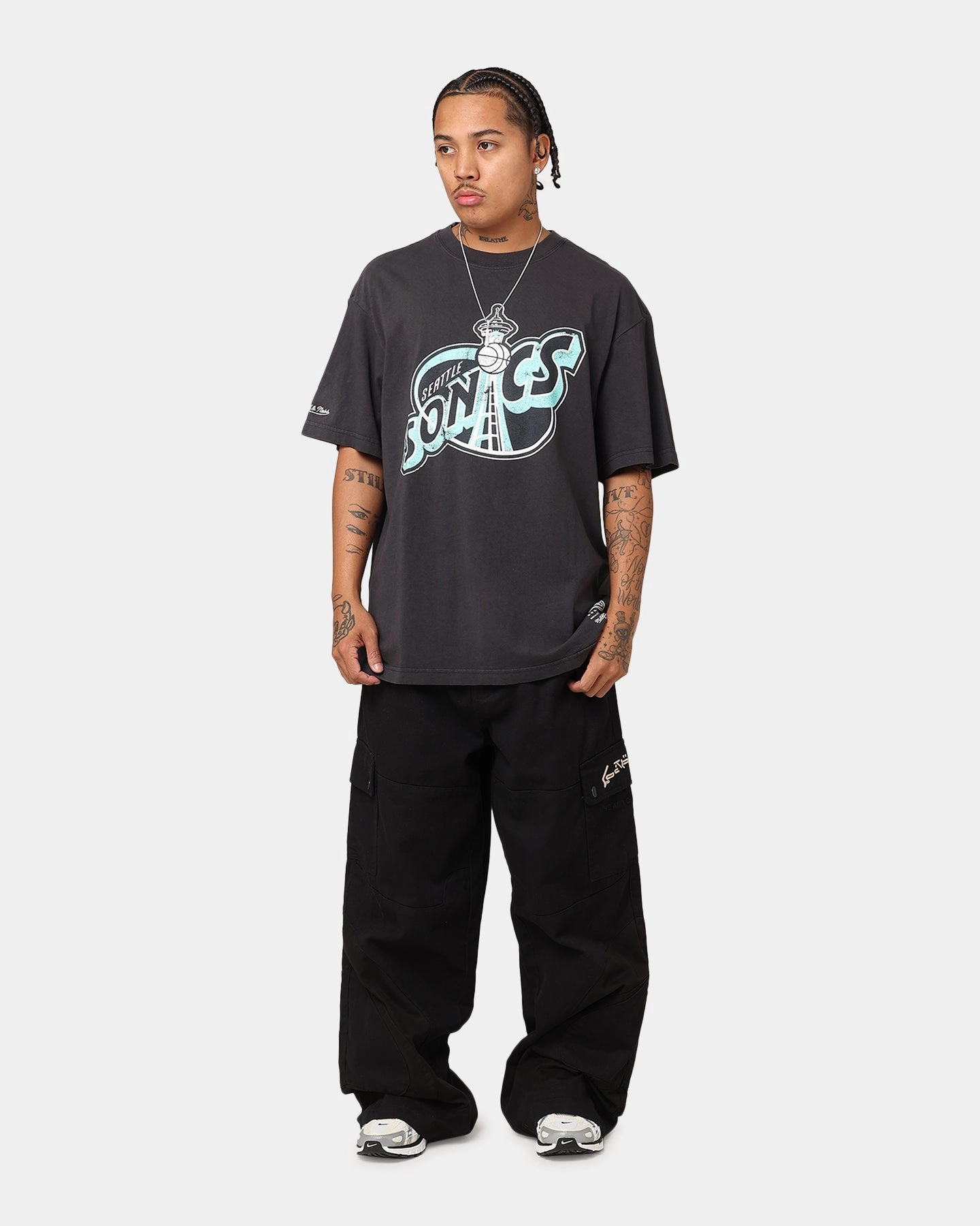 Printed Logo Relaxed Comfort Mitchell & Ness Seattle Sonics Ice Blue Logo T-Shirt Faded Black