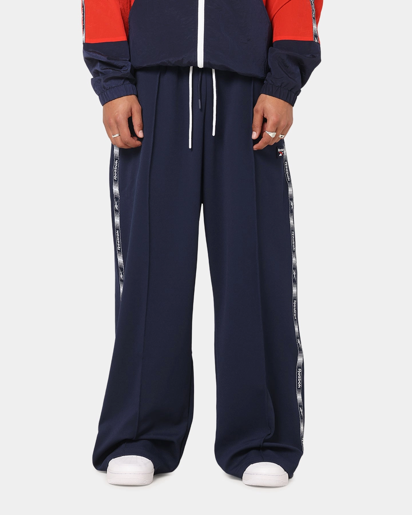 Slub Textured Surface Rebook Taped Track Pants Navy
