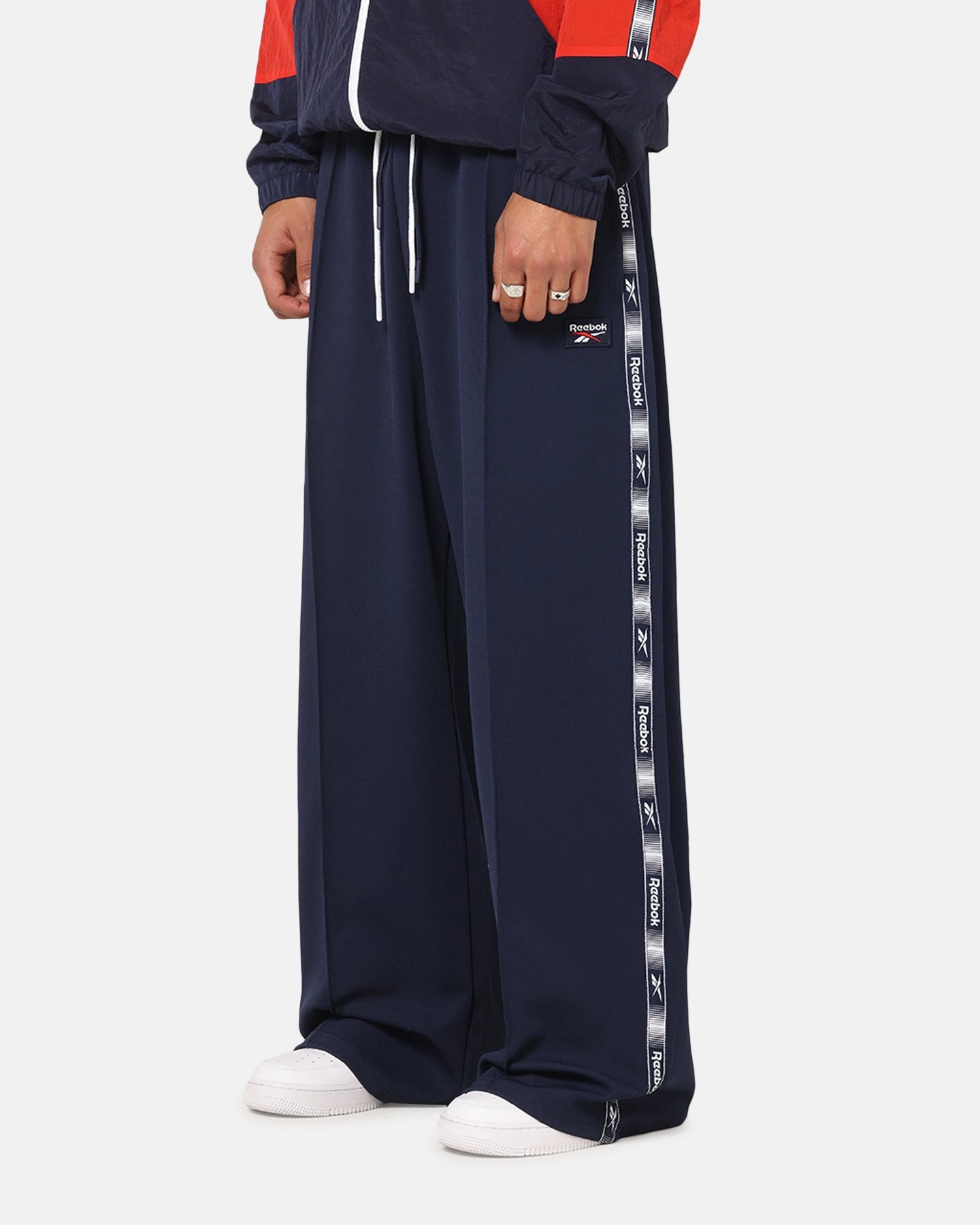 Rebook Taped Track Pants Navy Water Repellent Finish Contrast Trim Detailing