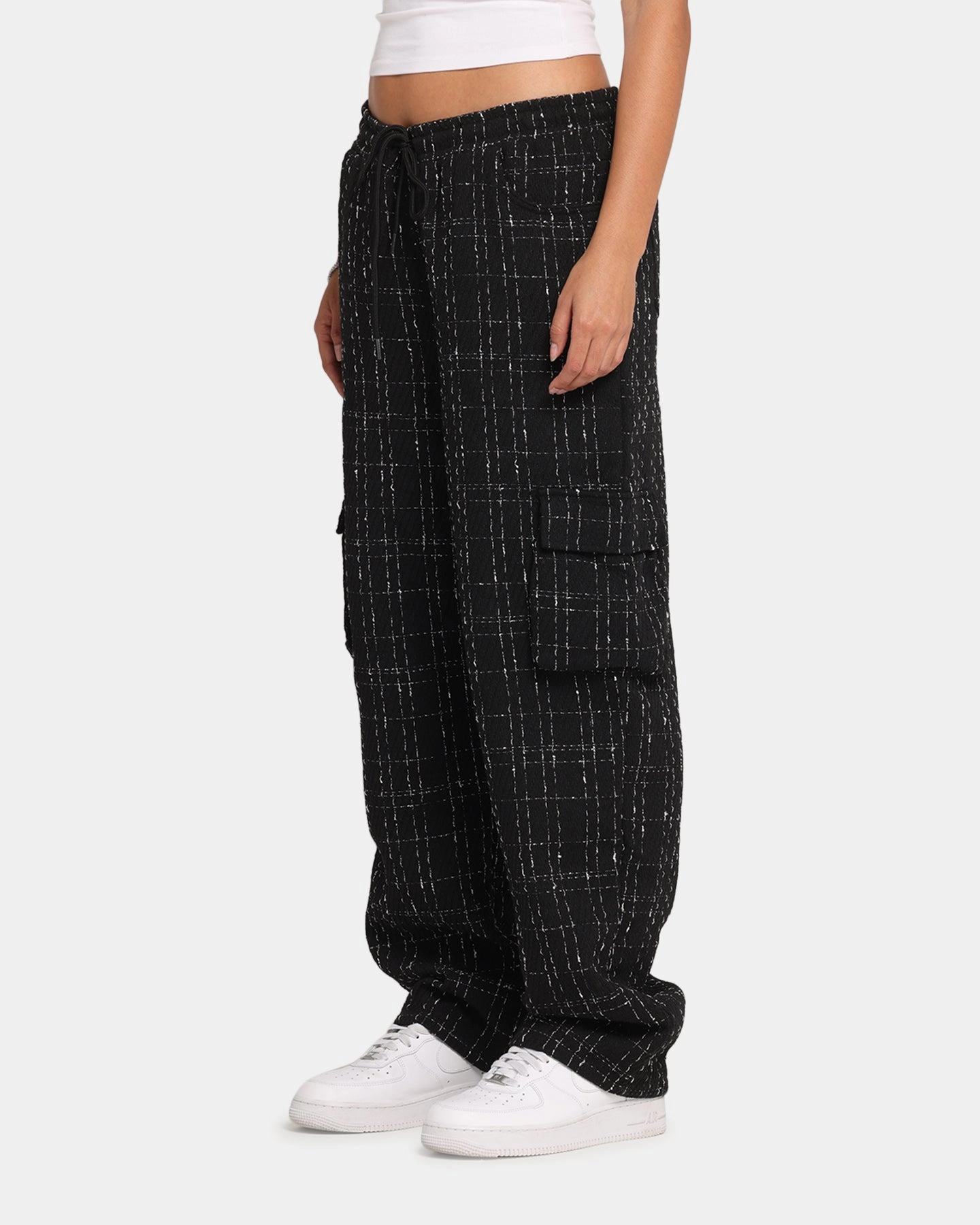 XXIII Boucle Tweed Cargo Pants Black ComfortWaistband Smooth Fit Lining