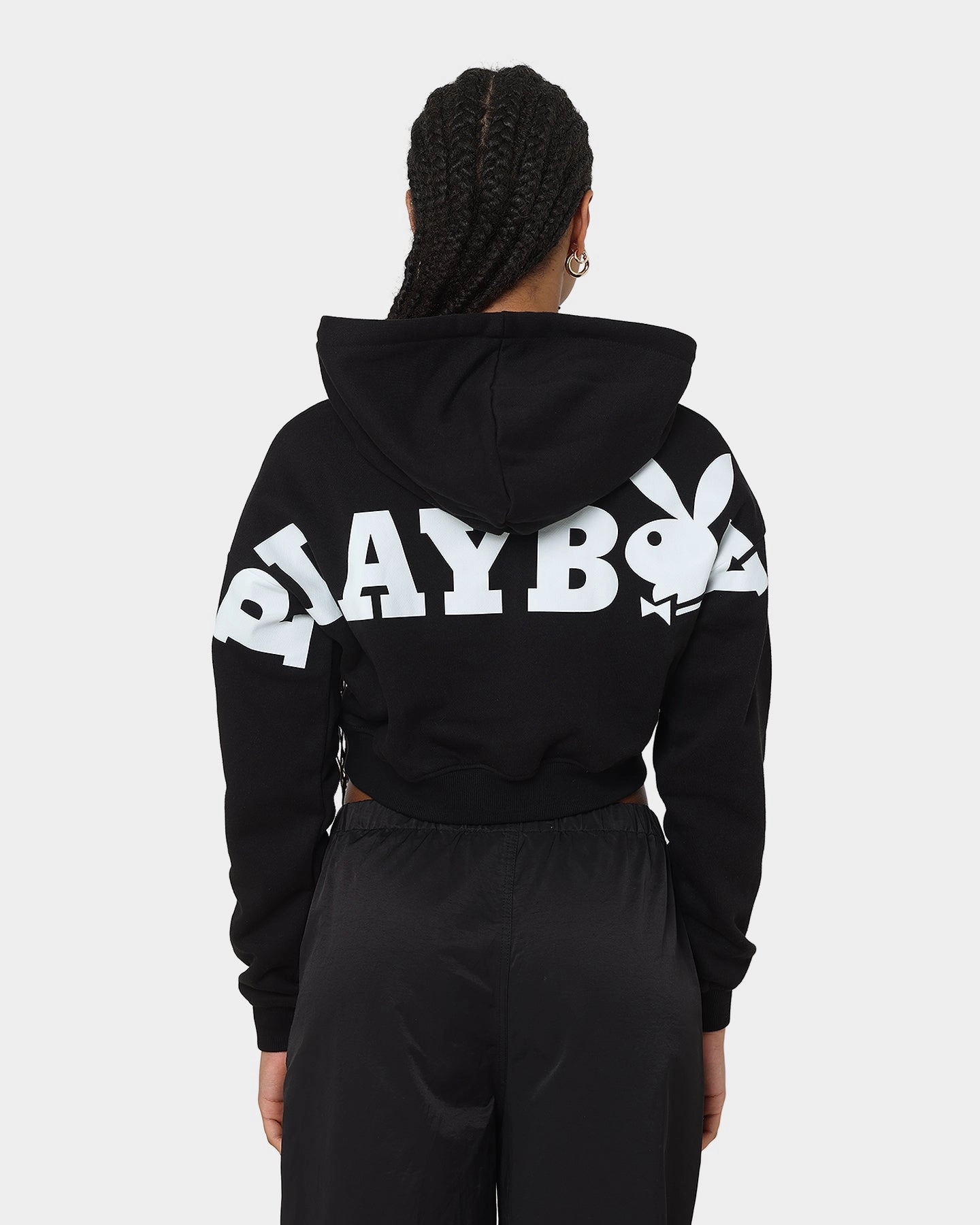 Playboy Women's Bunny O Crop Hoodie Black StretchMaterial Fantasize
