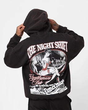The Night Shift Gentlemen's Club Vintage Hoodie Black Wash Noise Free Material
