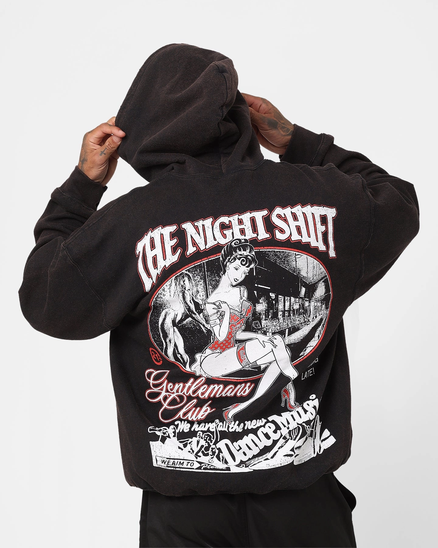 The Night Shift Gentlemen's Club Vintage Hoodie Black Wash Noise Free Material
