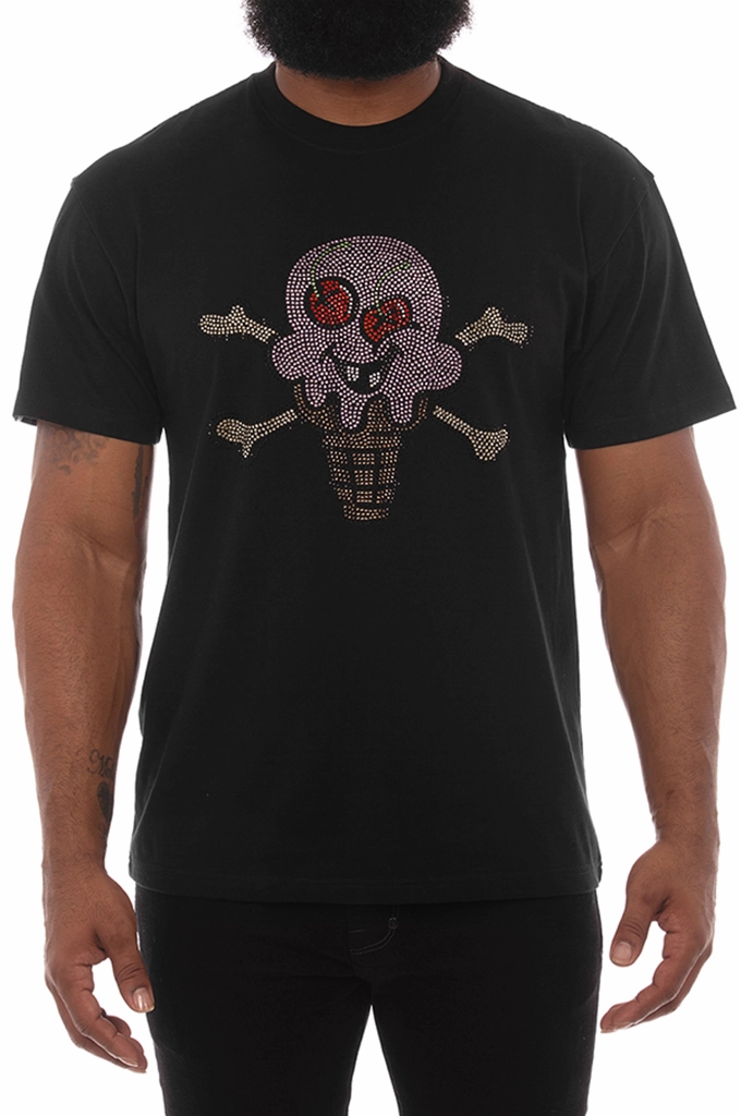 High-End Quality Ruffled edges Icecream Stones SS Tee w/ Rhinestones