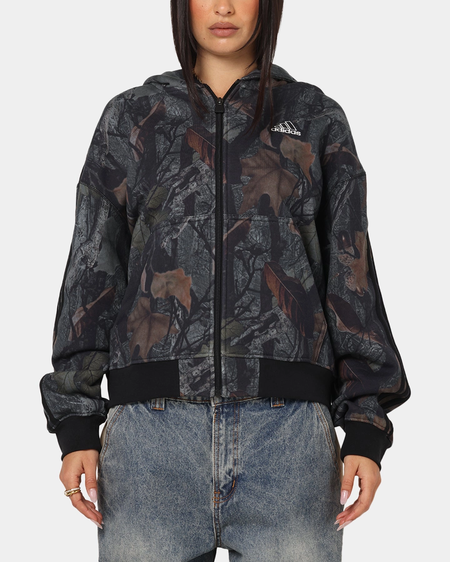 Convertible Collar Protective Comfort Adidas Camo Zip Up Hoodie Black