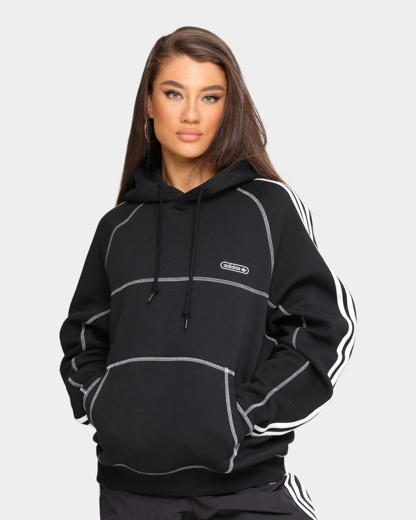 suitable for spring activities Rollaway Collar Feature Adidas Contrast Stitch Hoodie Black