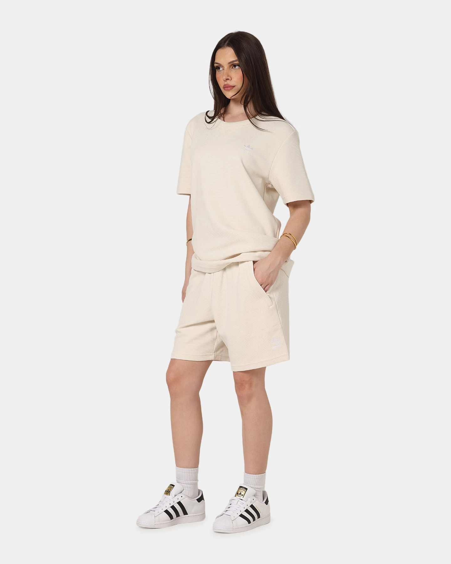 Adidas Trefoil Essentials Waffle Shorts Wonder White Sport Mood No Ride Up Technology