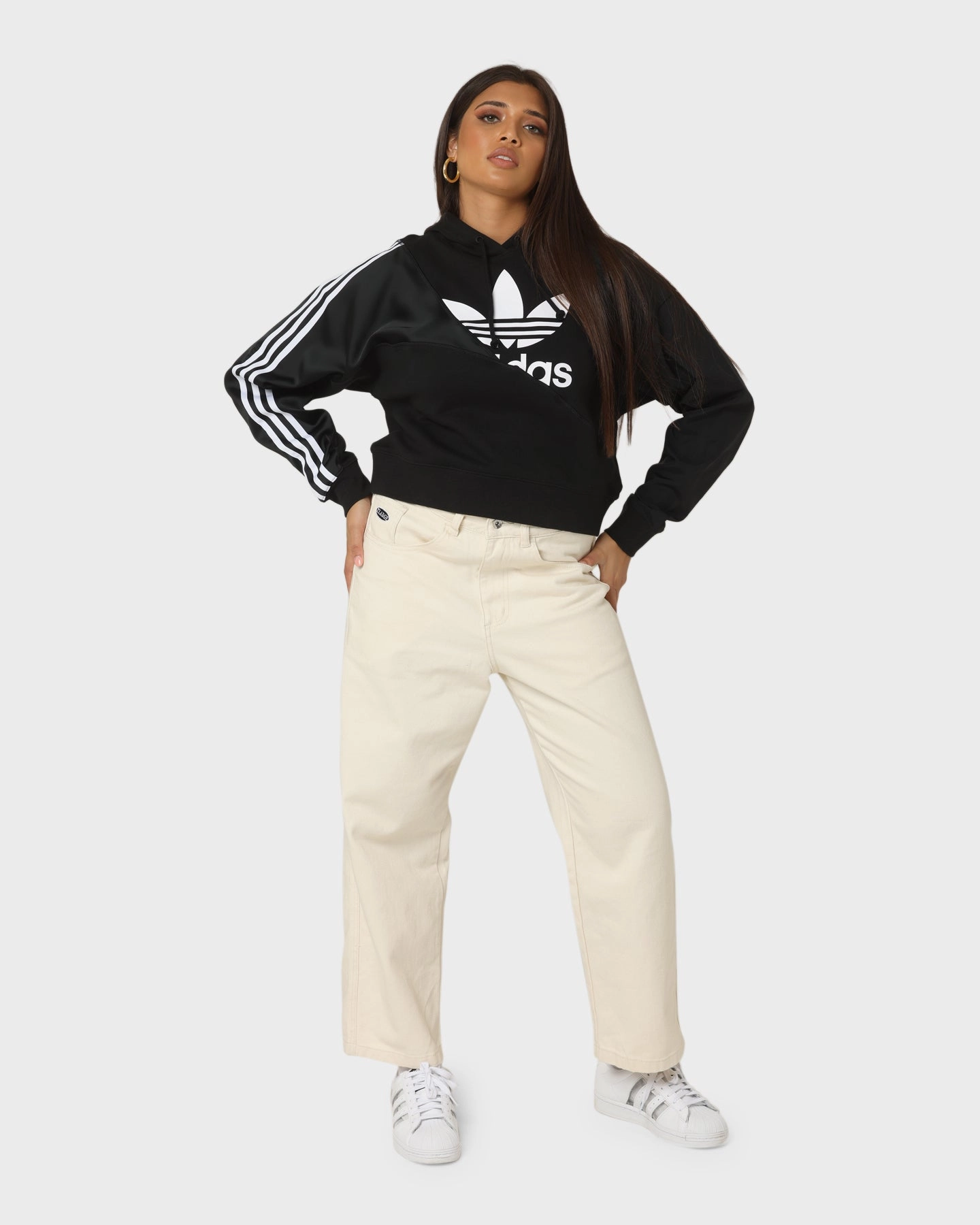Adidas Women's Adicolor Split Trefoil Hoodie Black All Weather Protection Reinforced Shoulder Panels