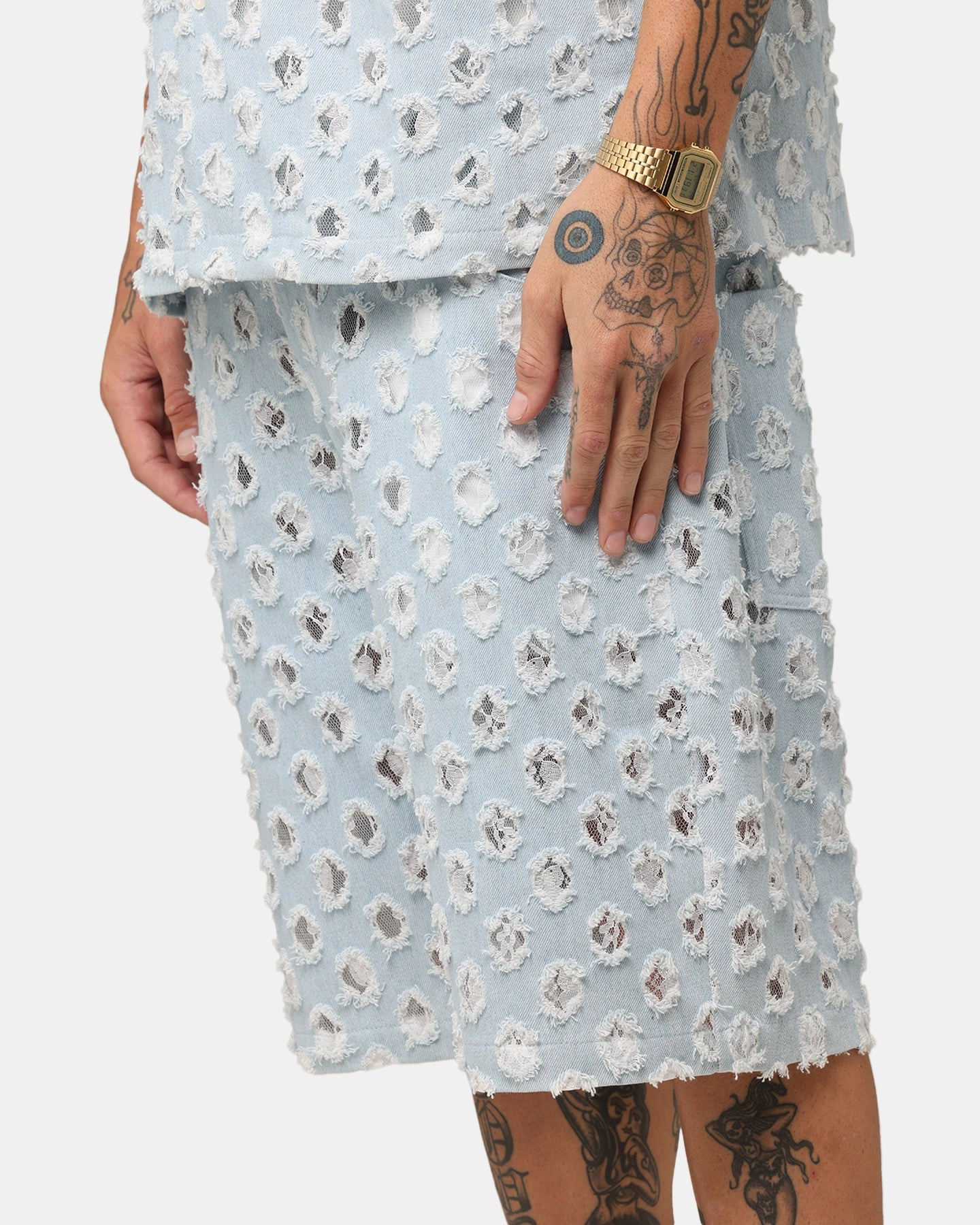 XXIII Lace Textured Denim Jorts Light Blue rayon fabric