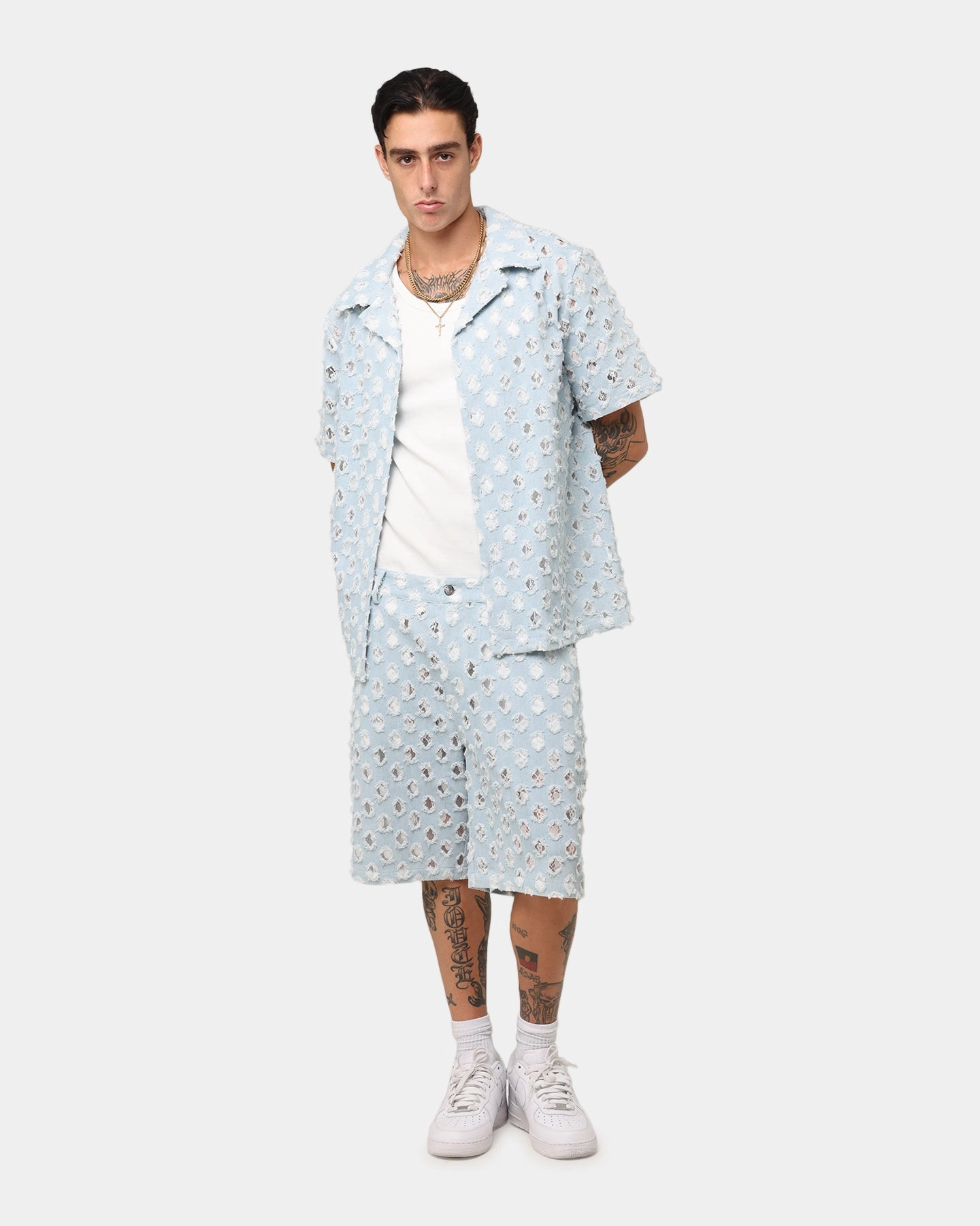 XXIII Lace Textured Denim Jorts Light Blue Earth Tones