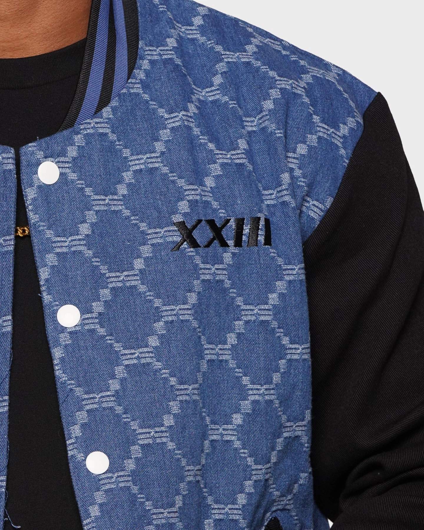 Operation High Collar Style XXIII Athy Denim Baseball Jacket Blue/White