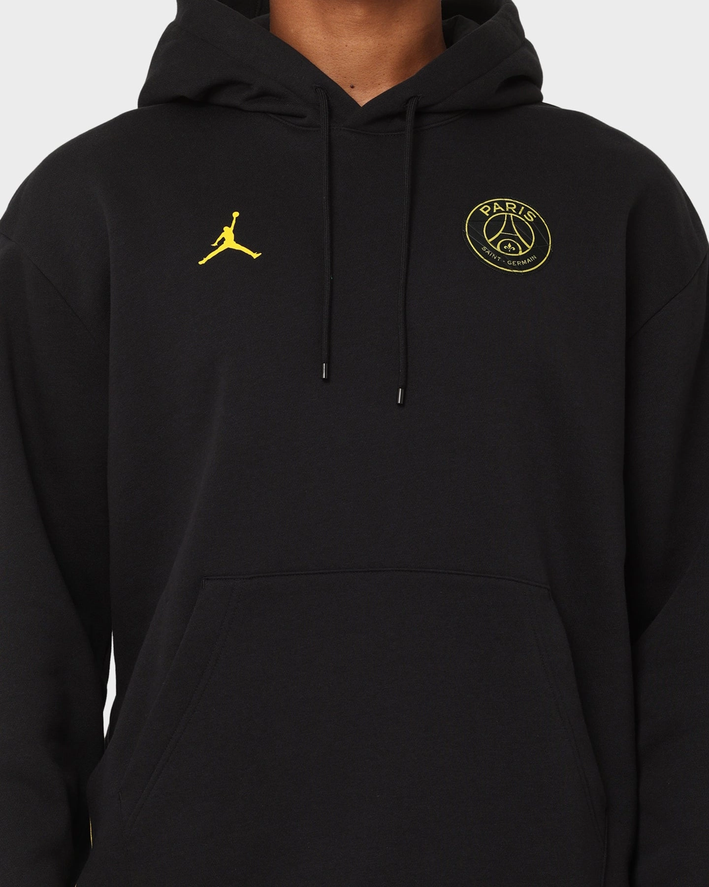 Jordan X Paris Saint-Germain Fleece Pullover Hoodie Black/Tour Yellow Side Pockets Aim