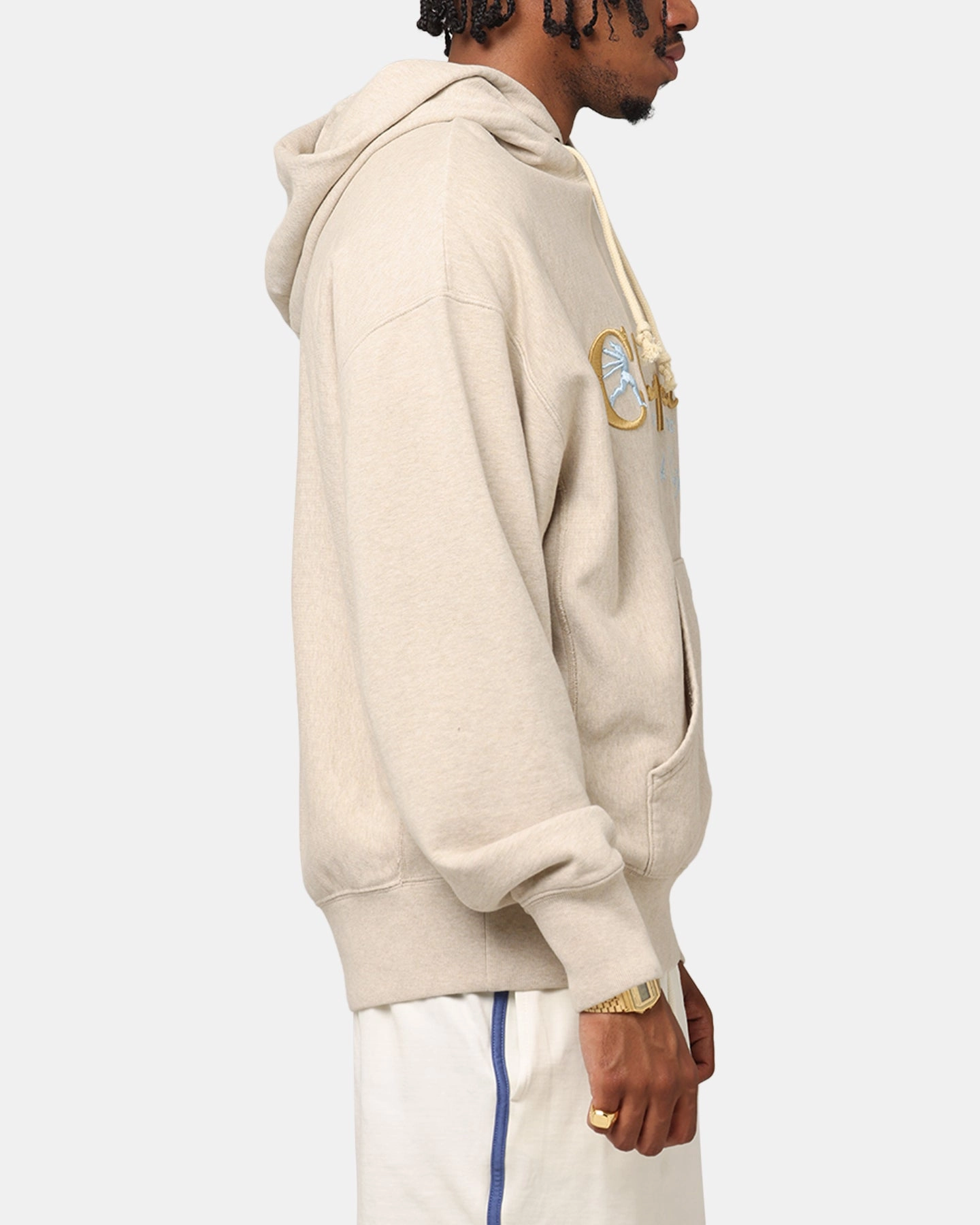 Champion Vintage Logo Sweatshirt Hoodie Oatmeal Heather Drop Hood Style