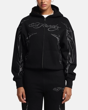 Ed Hardy Cyber Rhinestone Zip-Up Hoodie Black Non Irritating Seams