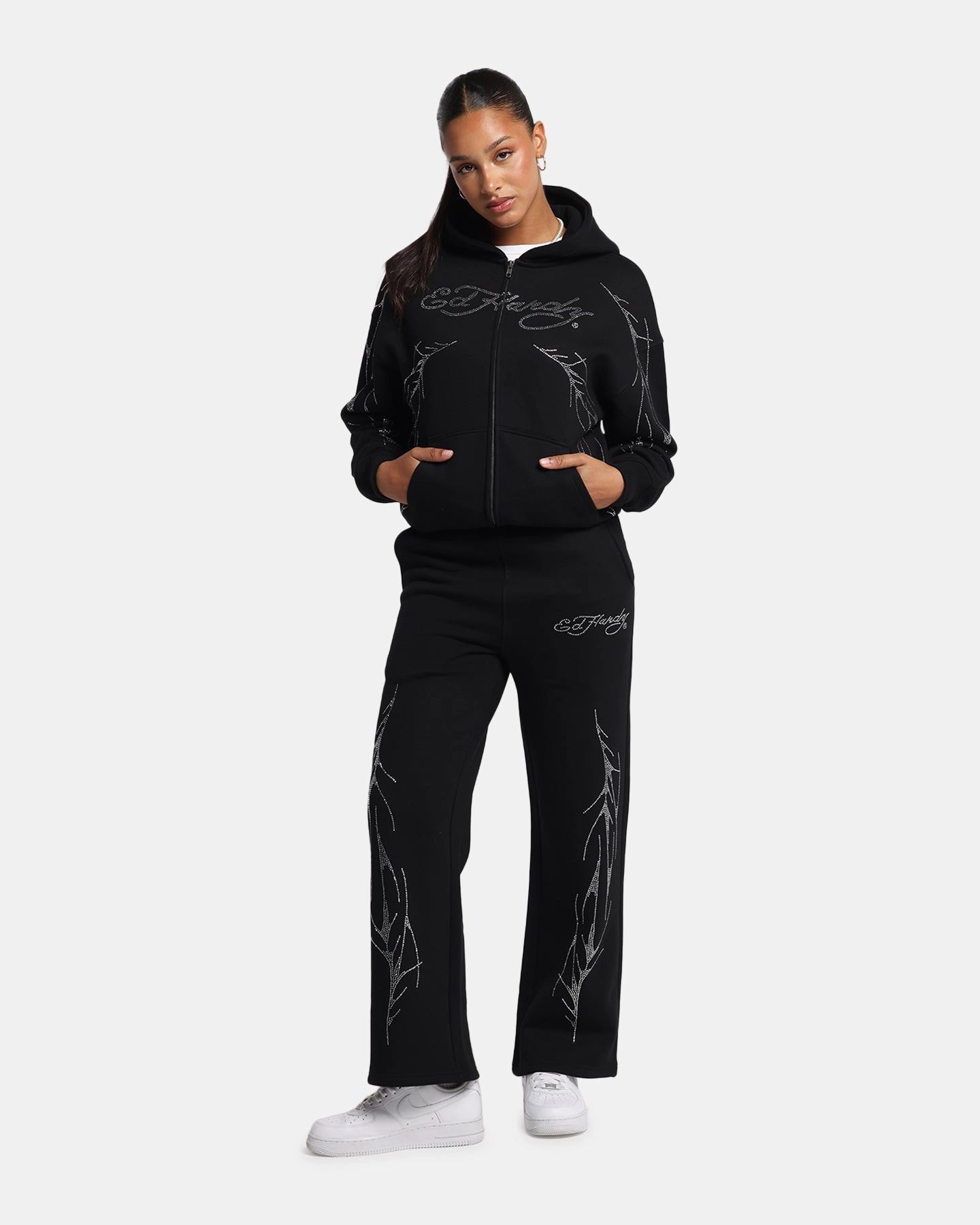 beach scene Ed Hardy Cyber Rhinestone Zip-Up Hoodie Black