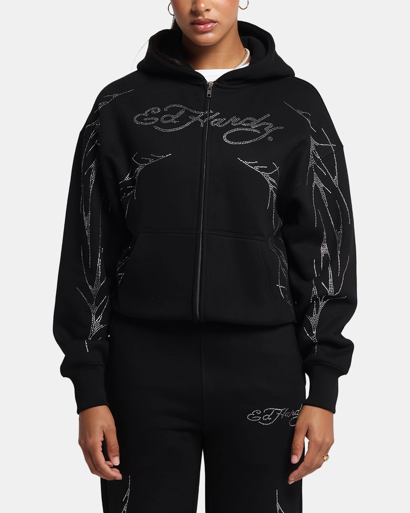 Ed Hardy Cyber Rhinestone Zip-Up Hoodie Black Non Irritating Seams