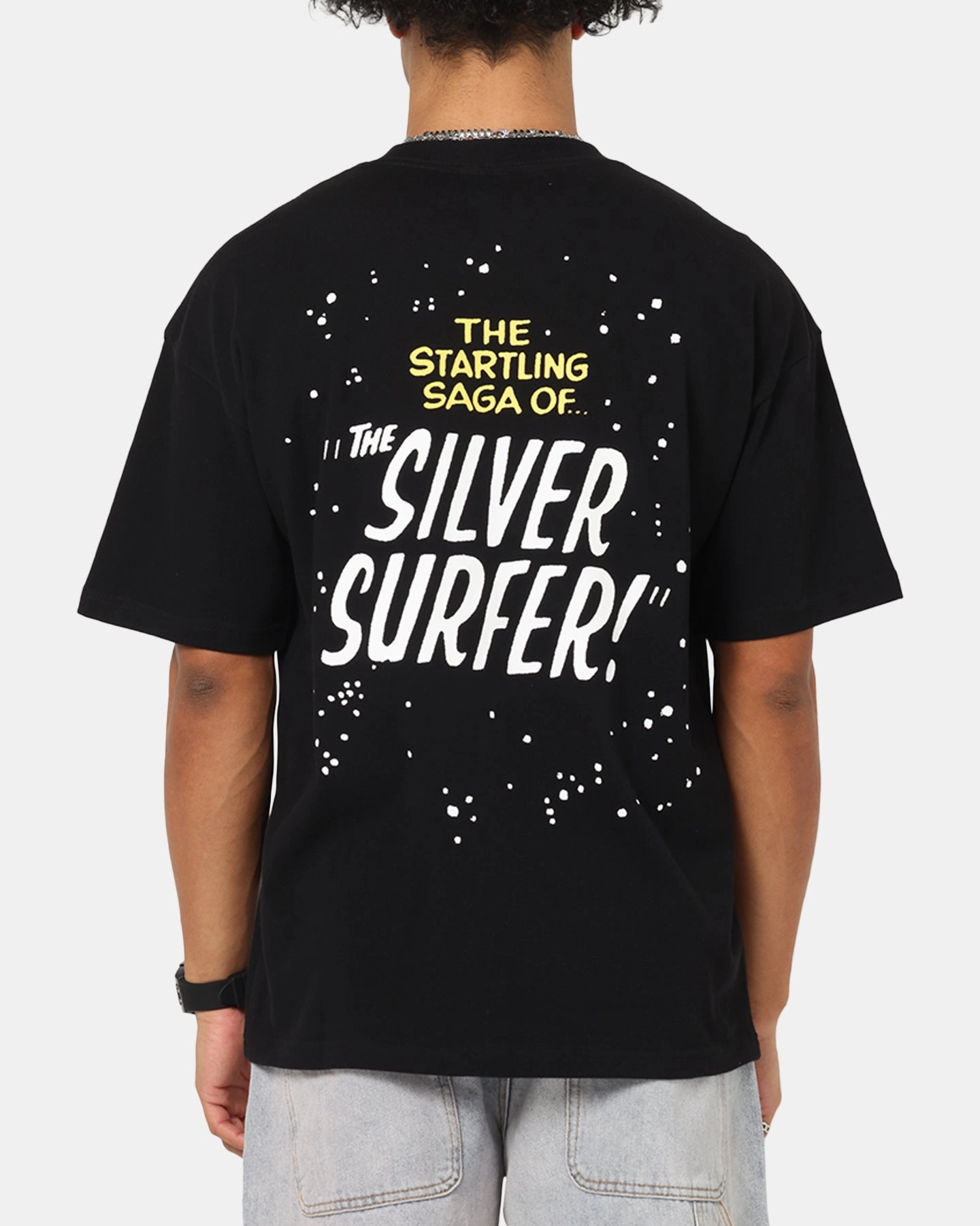 Layered Look Heat Transfer Printing 73 Studio Marvel Fantastic Four Silver Surfer Saga T-Shirt Black
