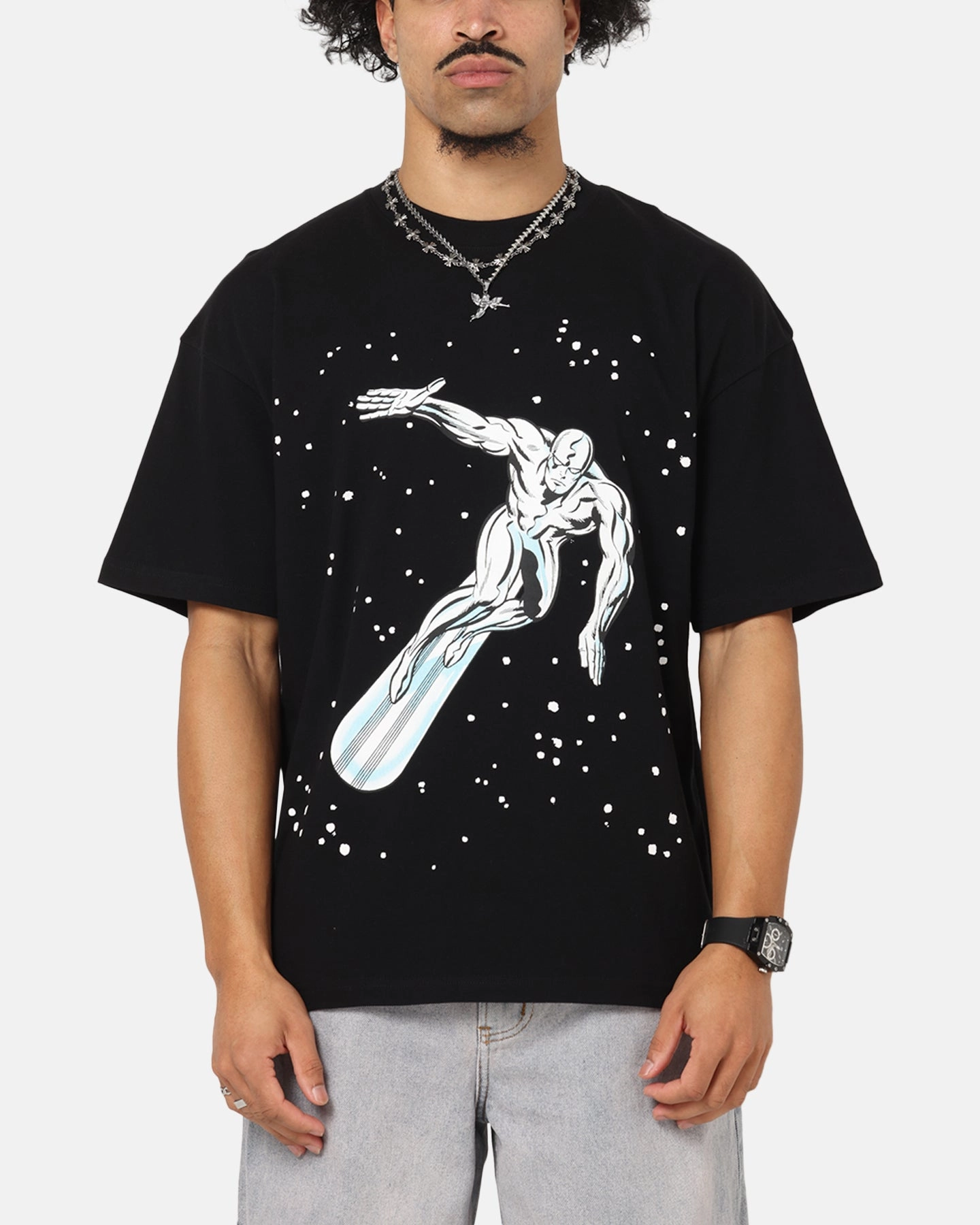 Reinforced Shoulder Breathable knit 73 Studio Marvel Fantastic Four Silver Surfer Saga T-Shirt Black