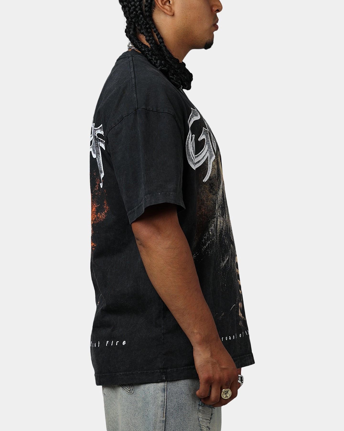 Goat Crew X Lord Of The Rings Gandalf Fire Vintage T-Shirt Black Acidwash Ribbed collar Light Trend
