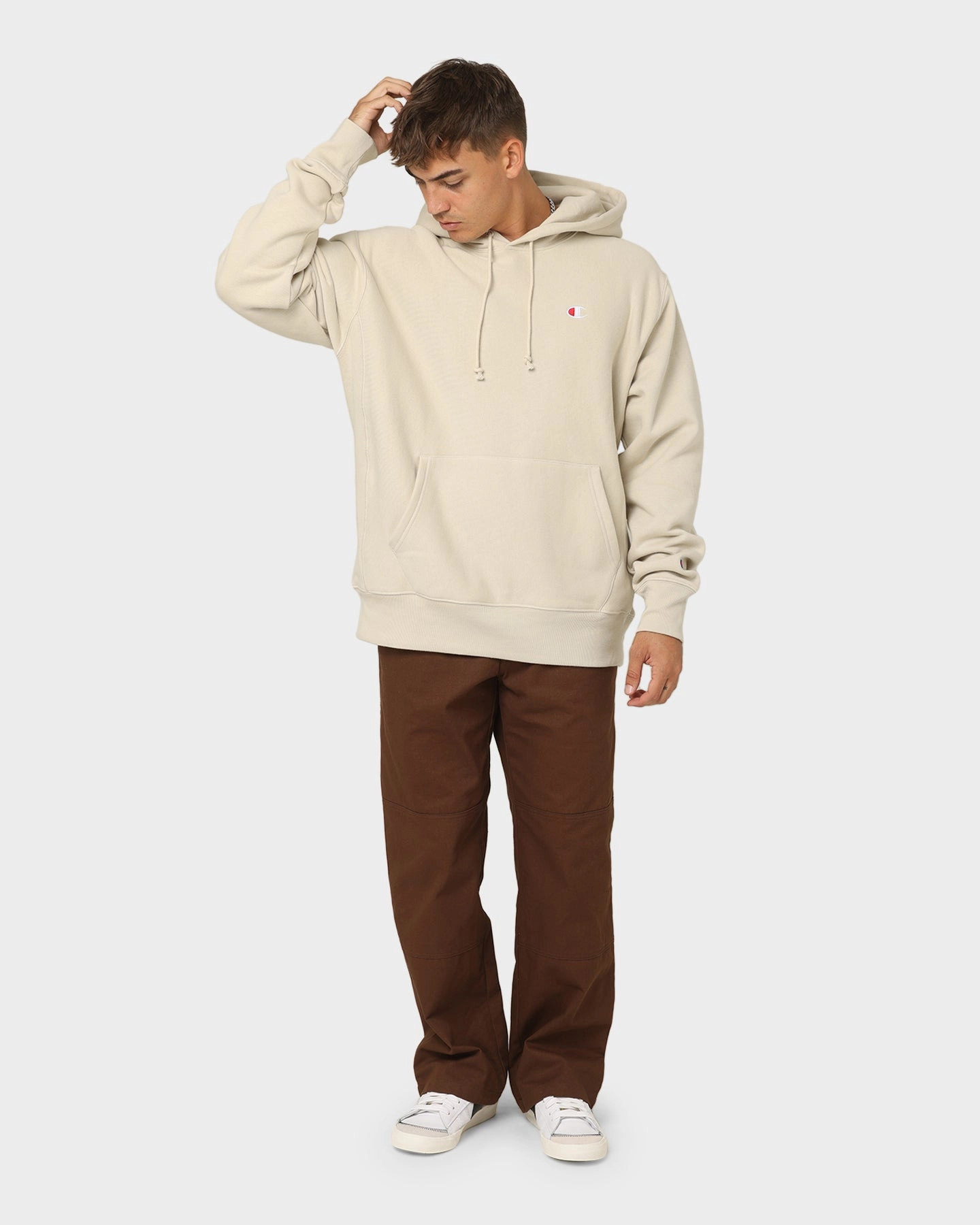 Champion Reverse Weave Small C Hoodie Pebblestone Contoured Fit Lose