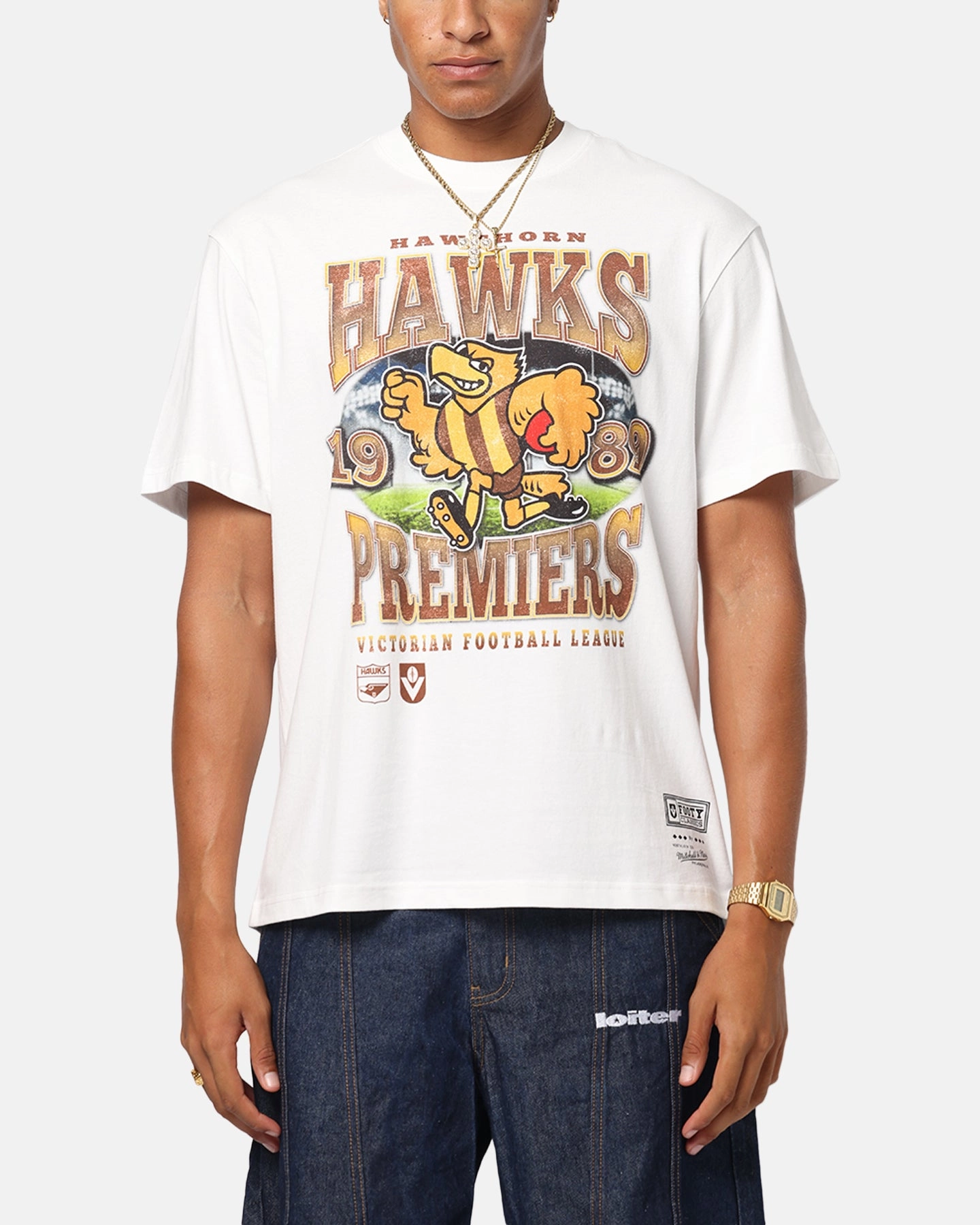 Mitchell & Ness Hawthorn Hawks Mascot T-Shirt Vintage White Layered Look