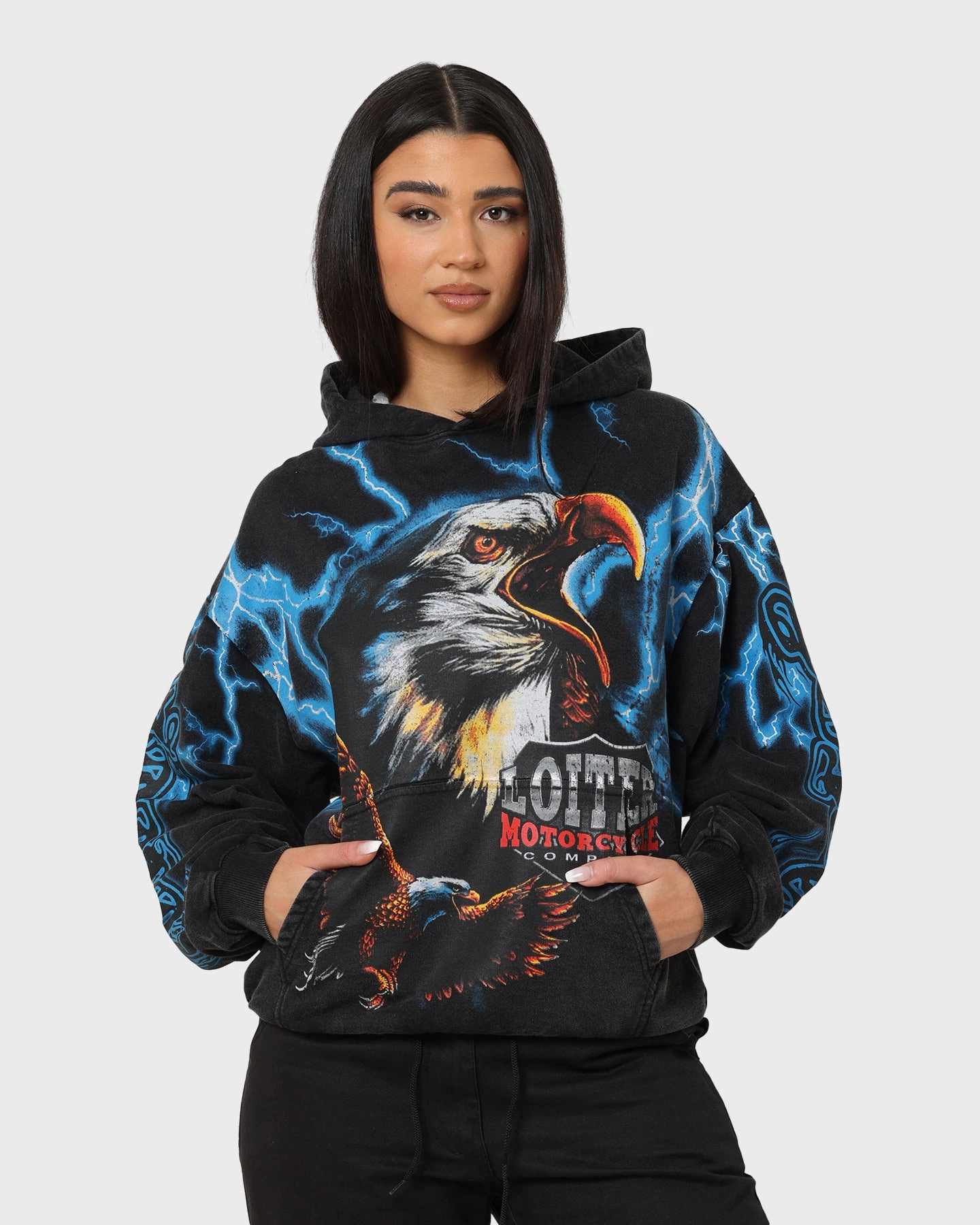 Urban Style Loiter Lightning Eagle Vintage Hoodie Vintage Black