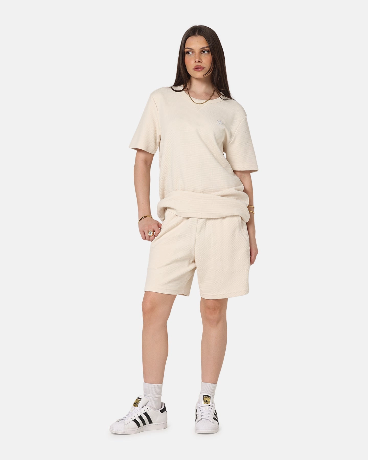 Adidas Trefoil Essentials Waffle T-Shirt Wonder White Sustainable Dye Process