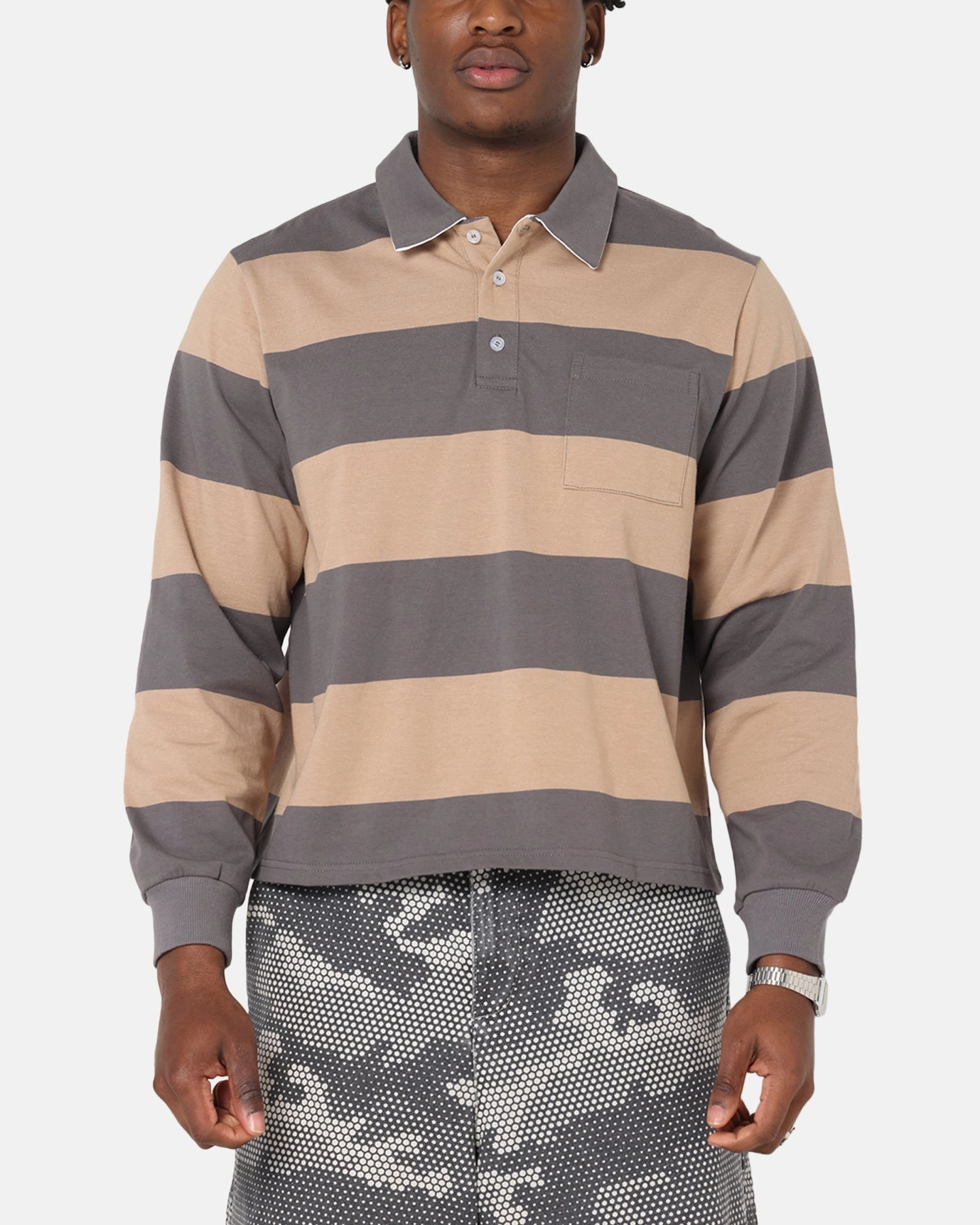 XXIII Rugby Long Sleeve Polo T-Shirt Charcoal/Tan Moisture control
