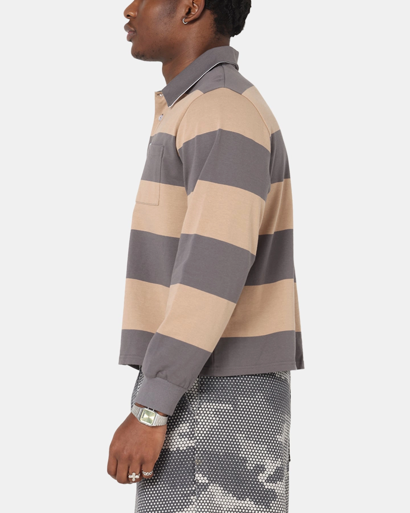Yarn Dyed Collar MoistureWicking Fabric XXIII Rugby Long Sleeve Polo T-Shirt Charcoal/Tan