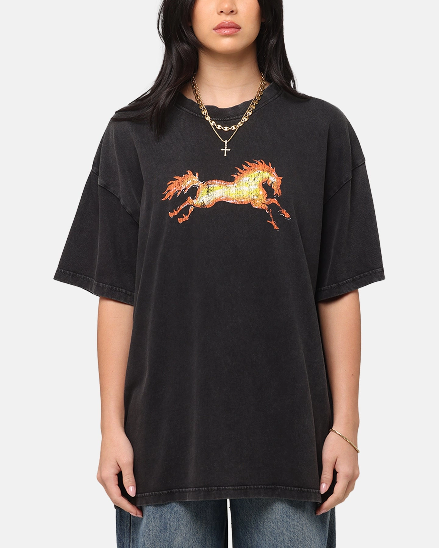 Anti Shrinkage Treatment Relaxing Fit Ed Hardy Horse Power Vintage T-Shirt Black Acidwash