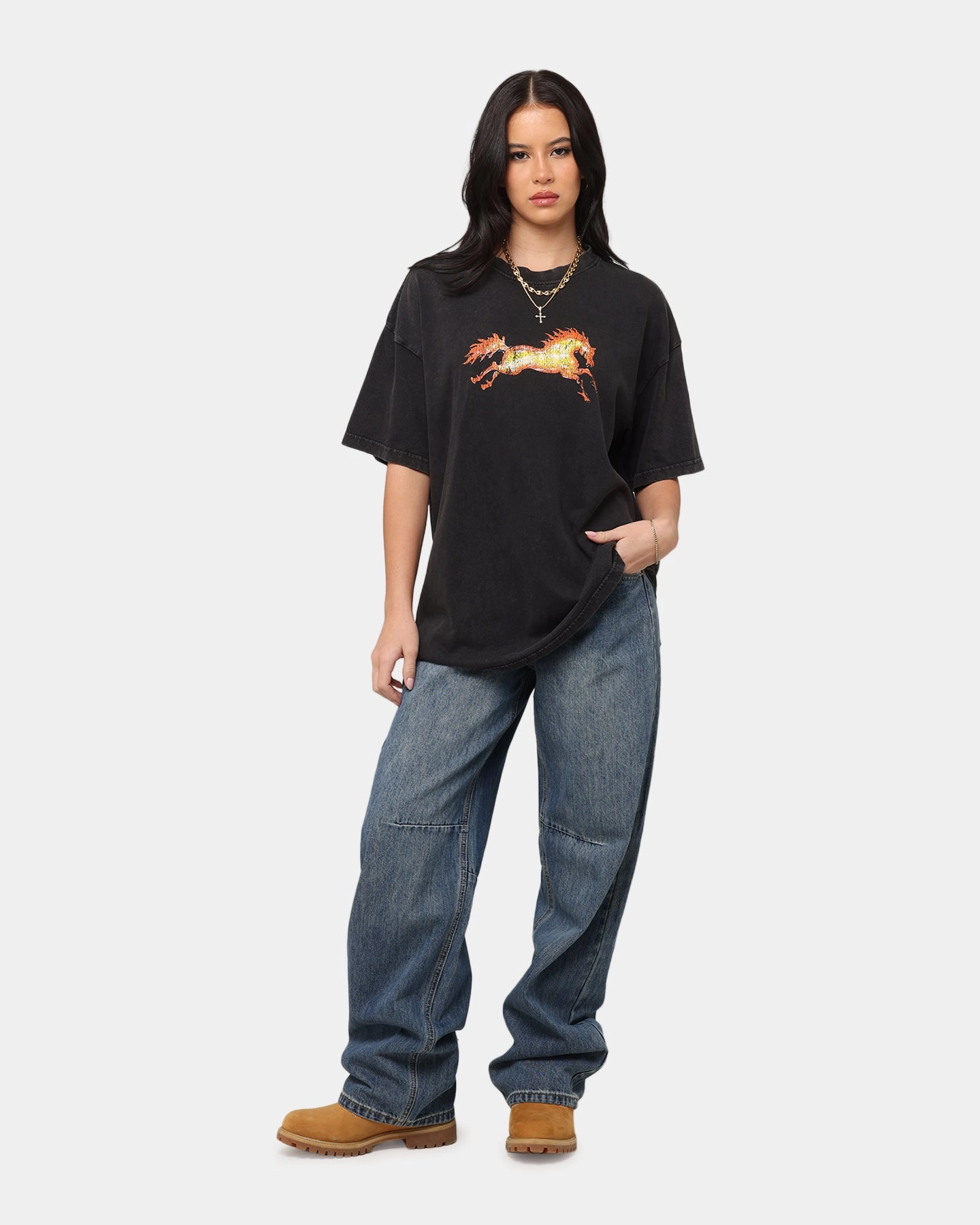 Ed Hardy Horse Power Vintage T-Shirt Black Acidwash Casual Wearable
