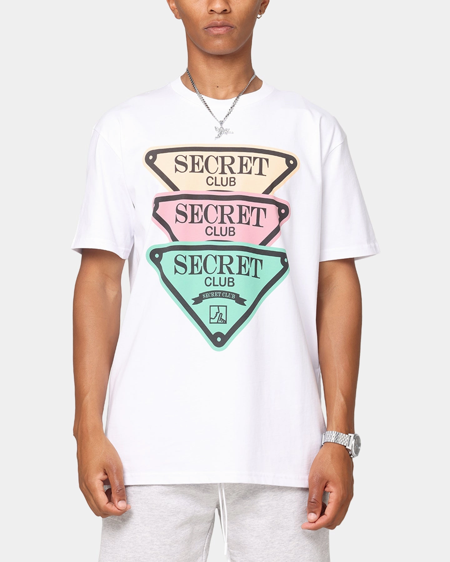 Secret Club Stacked Badge T-Shirt White Longline Hemline Cool Vibes