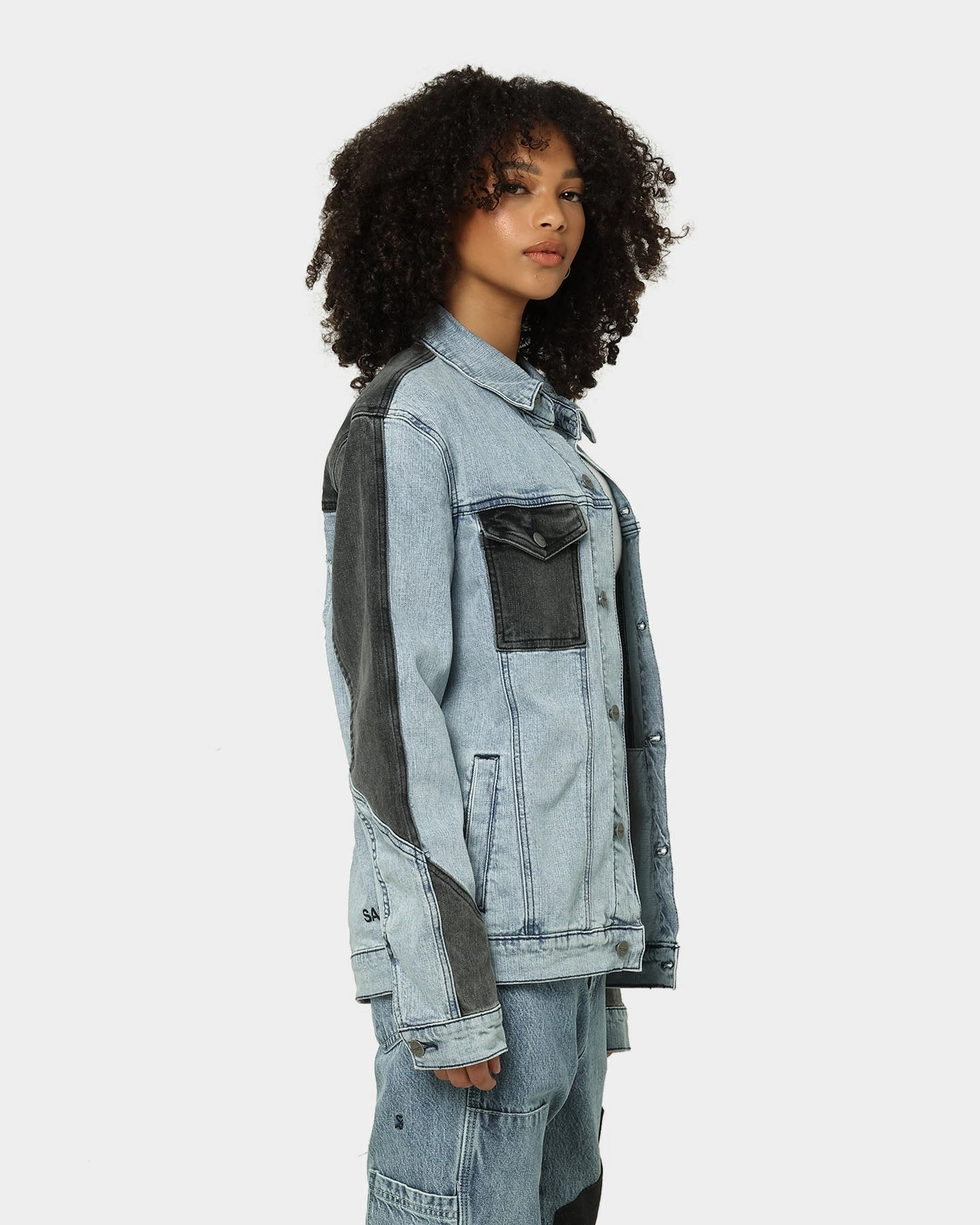 Saint Morta Patchwork Denim Jacket Light Blue/Black Flexible Shoulder Seams Empathy
