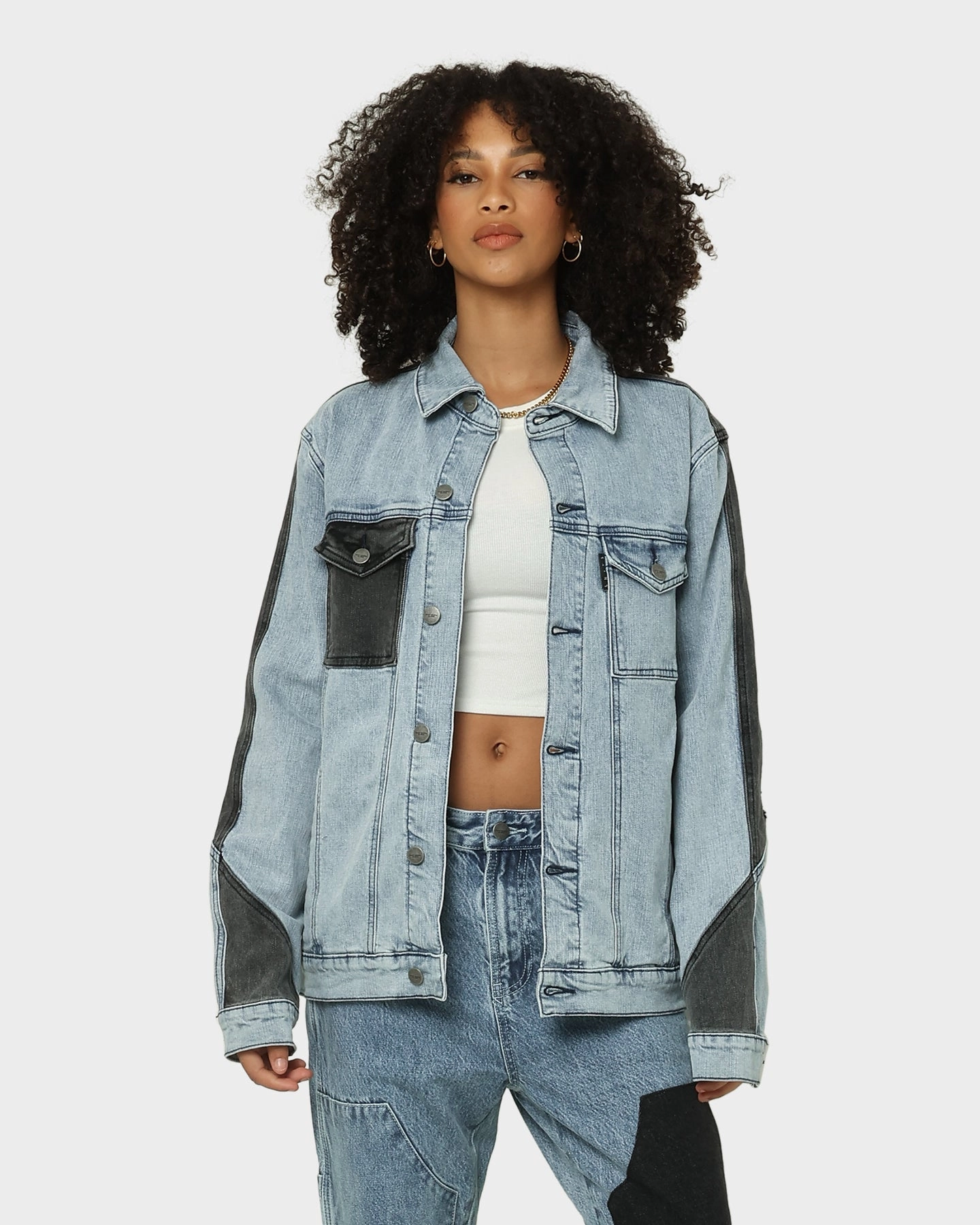 Saint Morta Patchwork Denim Jacket Light Blue/Black Patience Stretchy