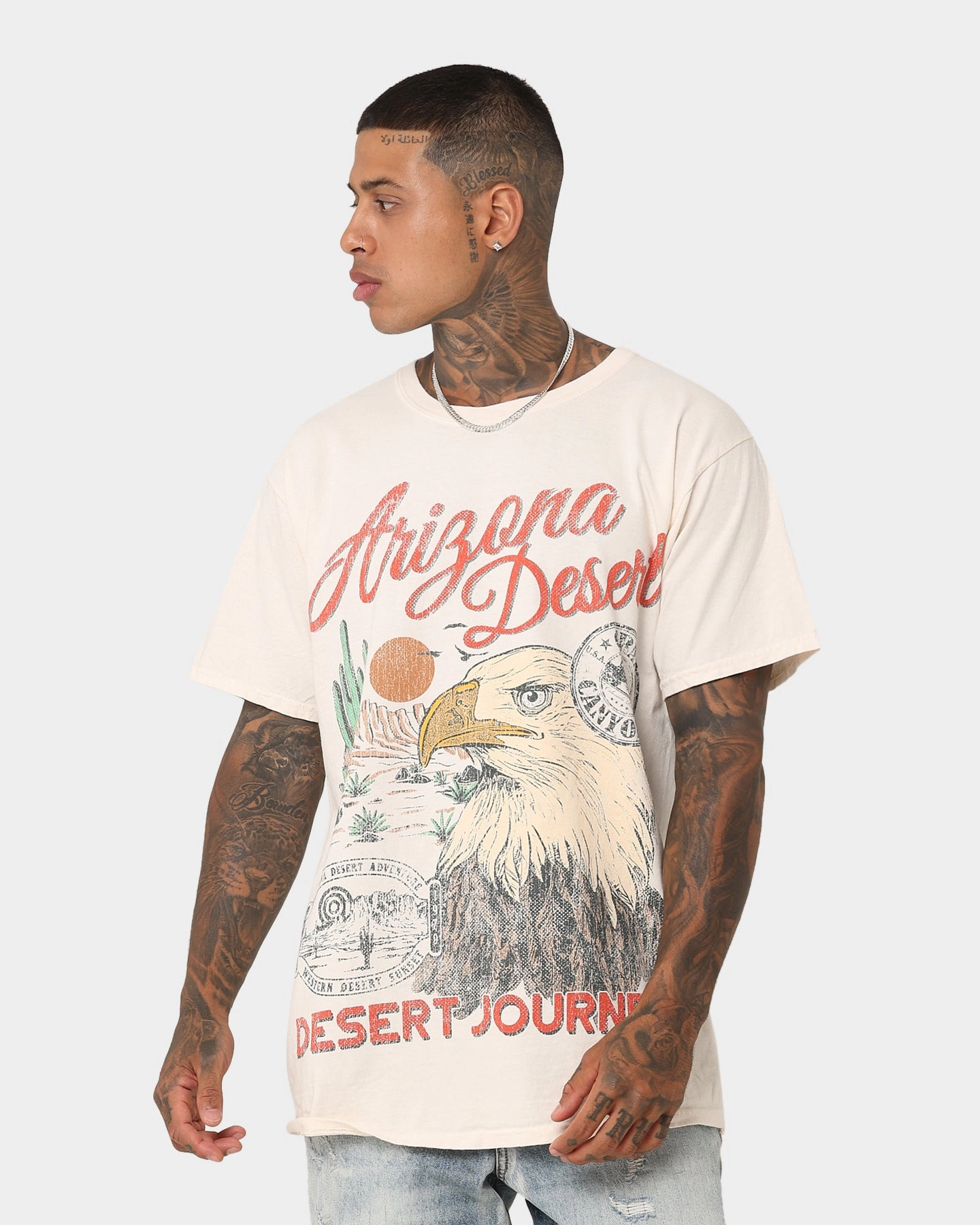 Vintage Wash Effect American Thrift Arizona Desert Vintage T-Shirt Off White
