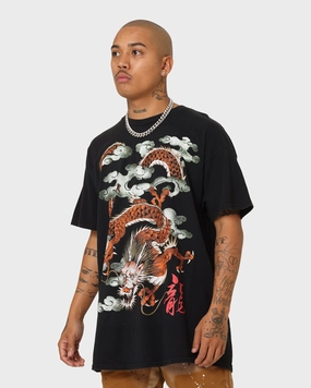 Easy-Going Style American Thrift Ryu Dragon Vintage T-Shirt Washed Black