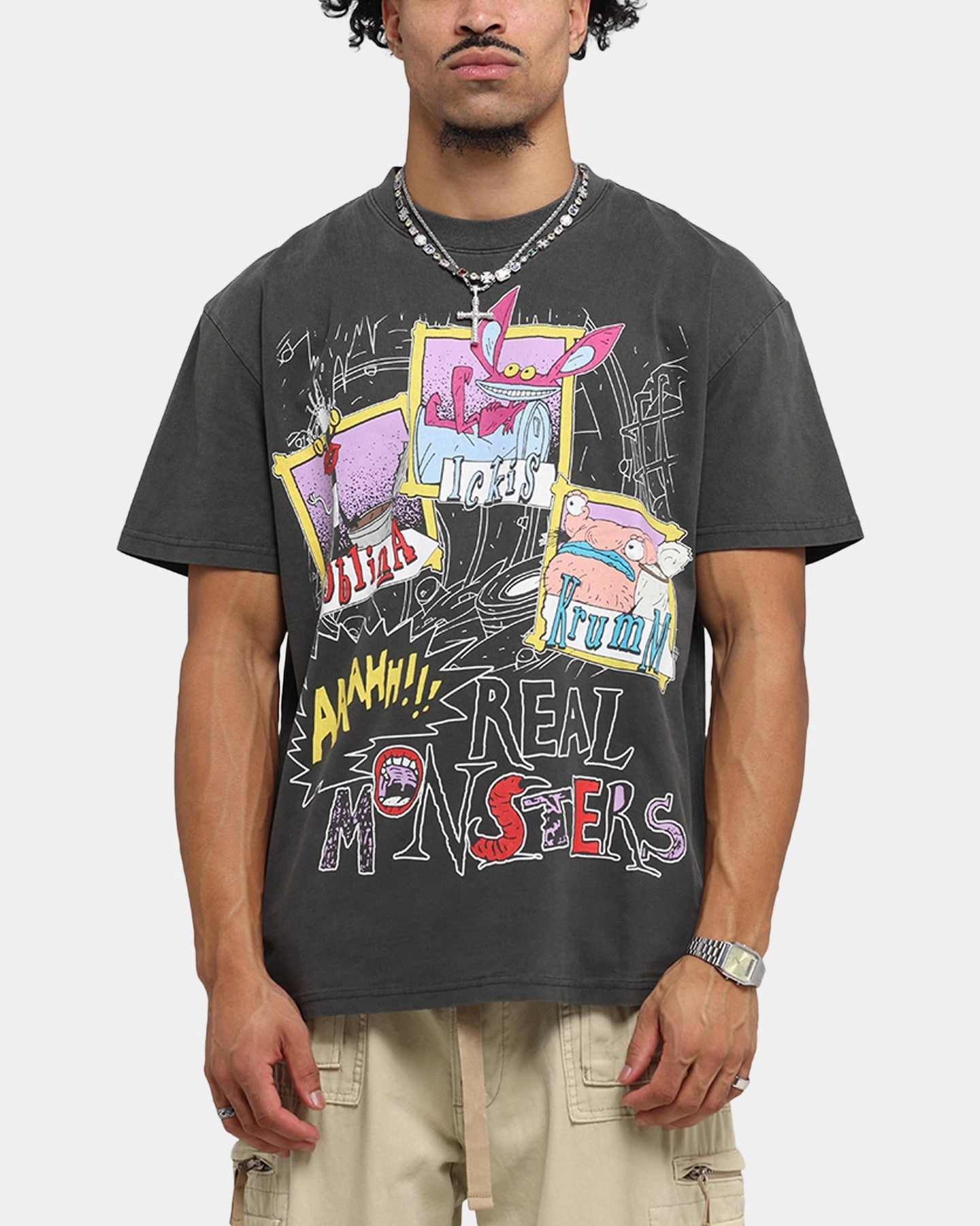 Anti Pilling Treatment Casual All-Day American Thrift x Aaahh!!! Real Monsters Monsters Heavy T-Shirt Black Wash