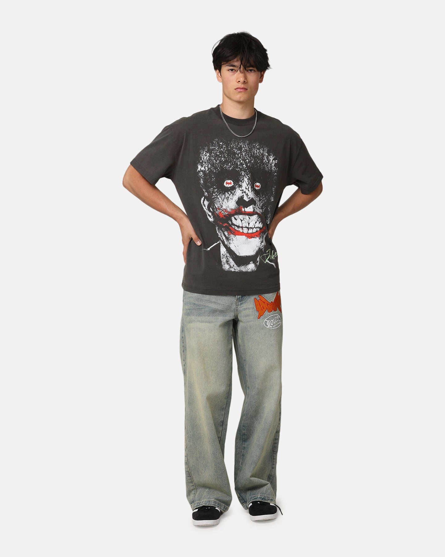 Classic and Comfy American Thrift X DC Batman The Joker Smile Heavyweight T-Shirt Black Wash