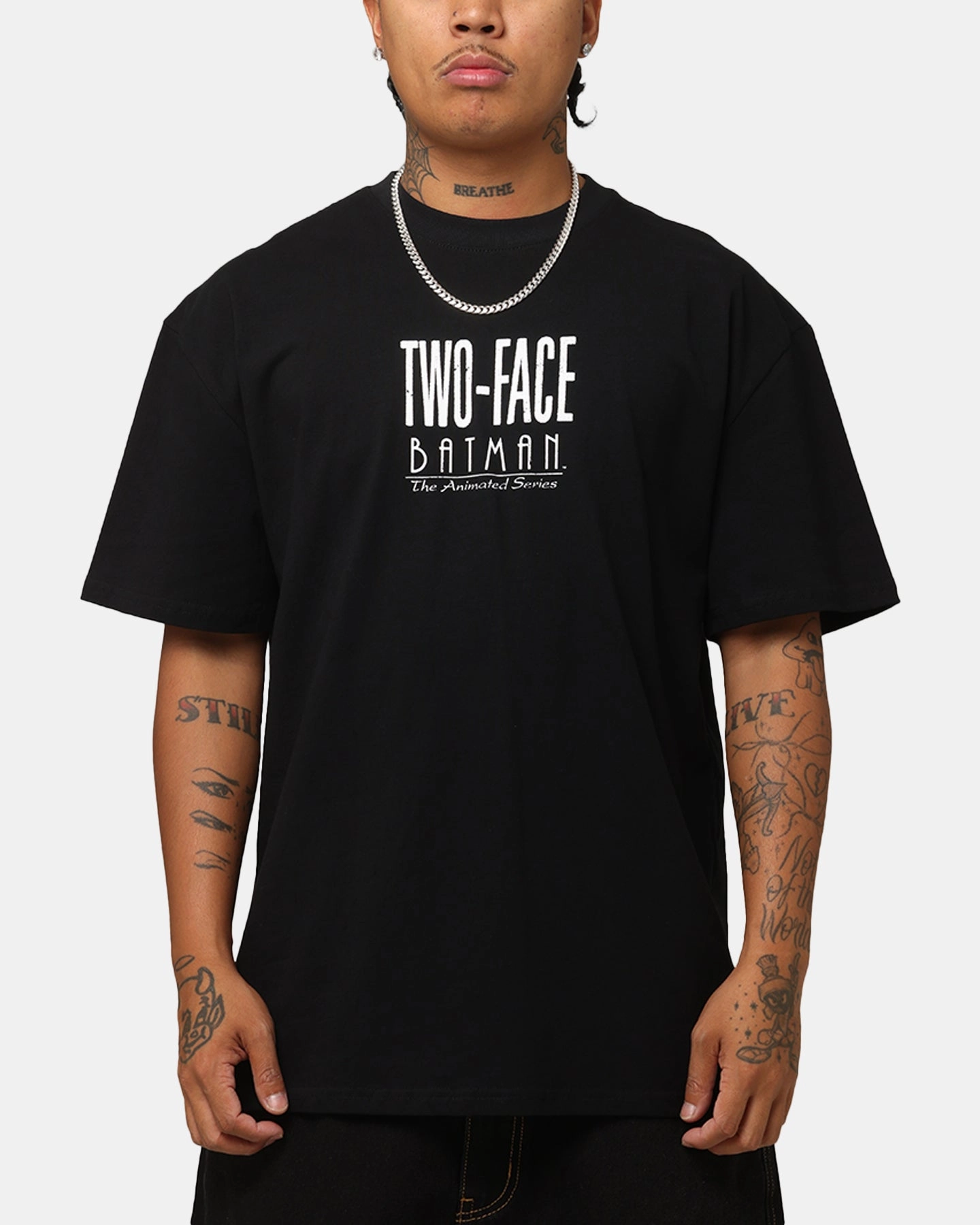Multi Panel Design Micro Perforated Fabric American Thrift X DC Batman Two Face Heavy T-Shirt Black